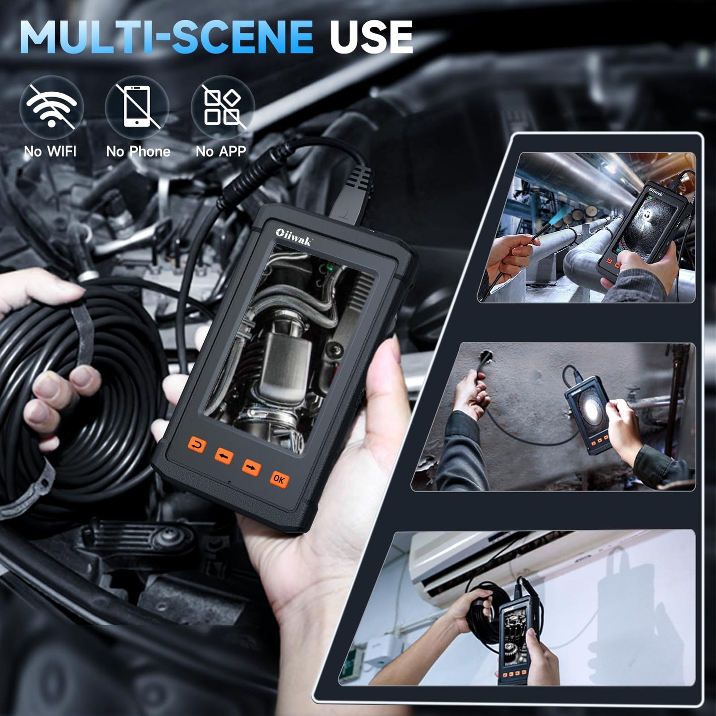 50FT Endoscope Camera with Light, Oiiwak Snake Borescope Endoscope Inspection Camera for Pipe Sewer Drain Plumbing Inspection 1080P HD 4.3" IPS Screen Waterproof IP67