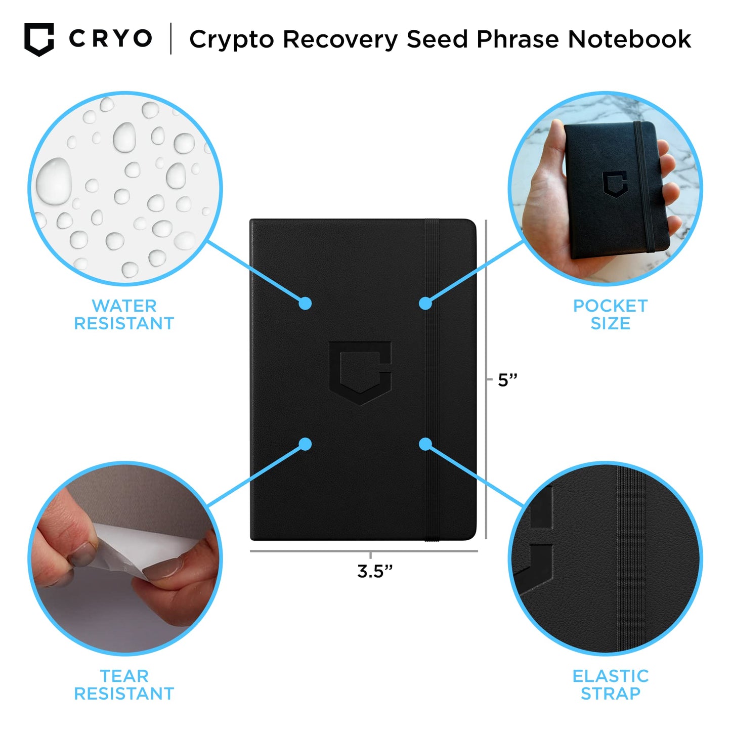 CRYO Crypto Seed Phrase Storage Notebook - Waterproof Bitcoin Recovery Phrase Crypto Password Keeper - 12 to 24 Word Cold Wallet Backup - Mnemonic Passphrase - Pocket Size 2-Pack