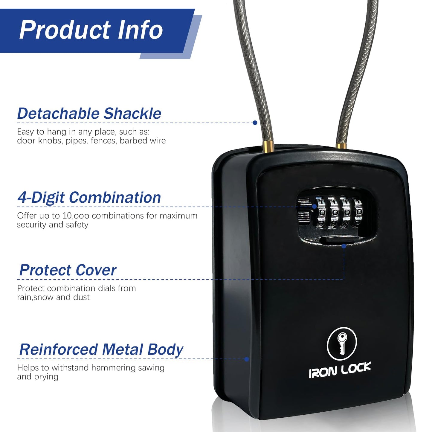 Iron Lock® XXL Key Lock Box Portable and Wall Mounted with Removable Cable Shackle Waterproof Indoor Outdoor 4 Digit Combo Resettable Code with A B Switch Extra Large Key Lockbox Outside Key Cabinets