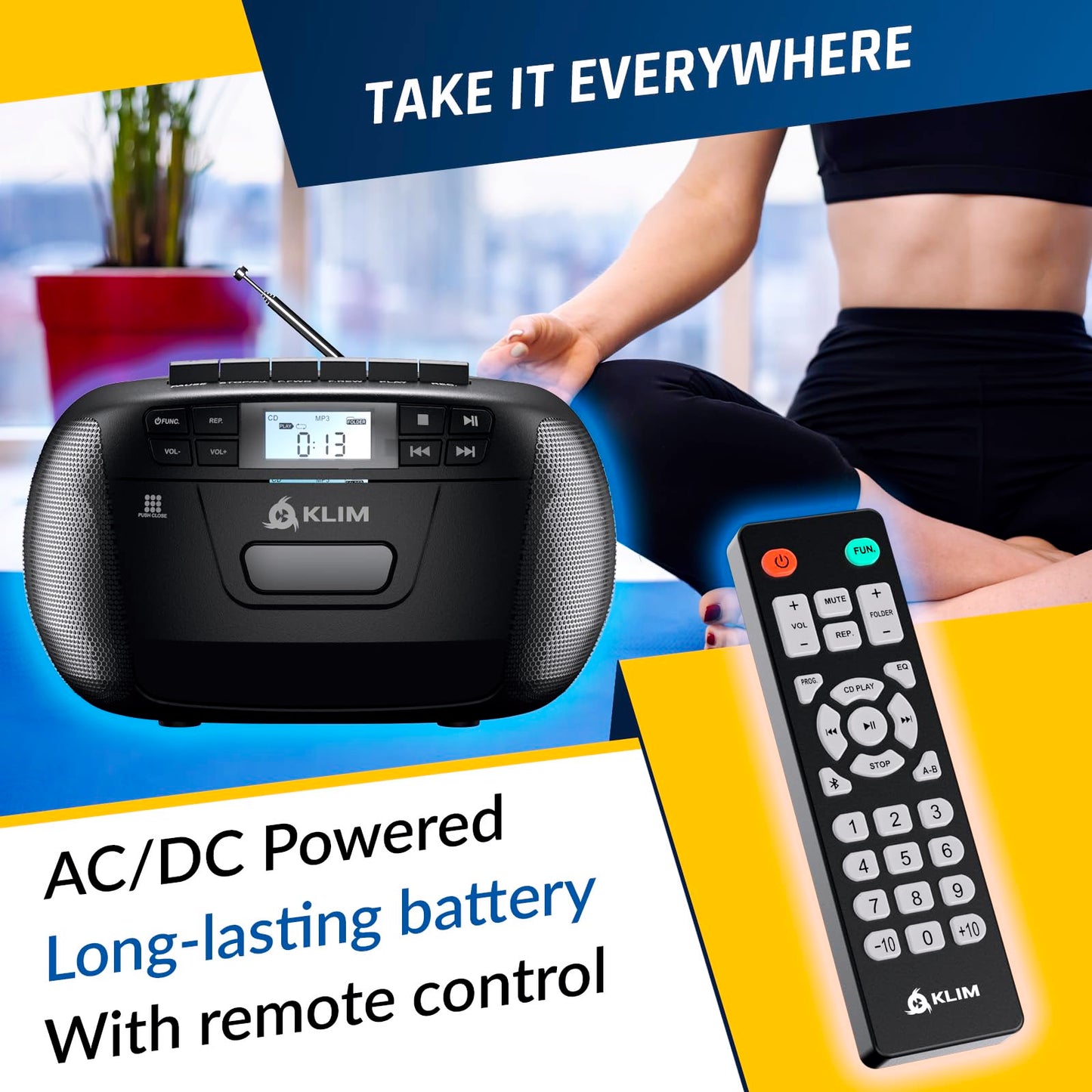 KLIM CD + Cassette Tape Player, Bluetooth CD Boombox, AM/FM Radio, Stereo Sound, Remote, CD and Cassette Player Combo, Tape Recording, USB Drive, AUX