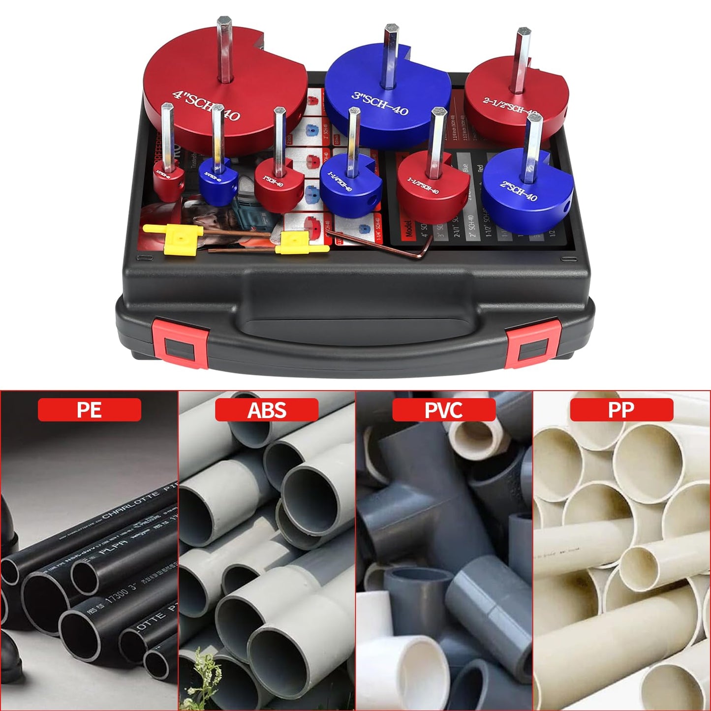 9 PCS PVC Pipe Reamer Kit, Fitting Saver Contains 1/2",3/4'', 1'',1-1/4",1-1/2'',2'', 2-1/2", 3'', 4'' Head Reamers, Plumbing Tools for Standard 1/2" Drills,Suit for PVC,CPVC, PP, PE and ABS Pipes