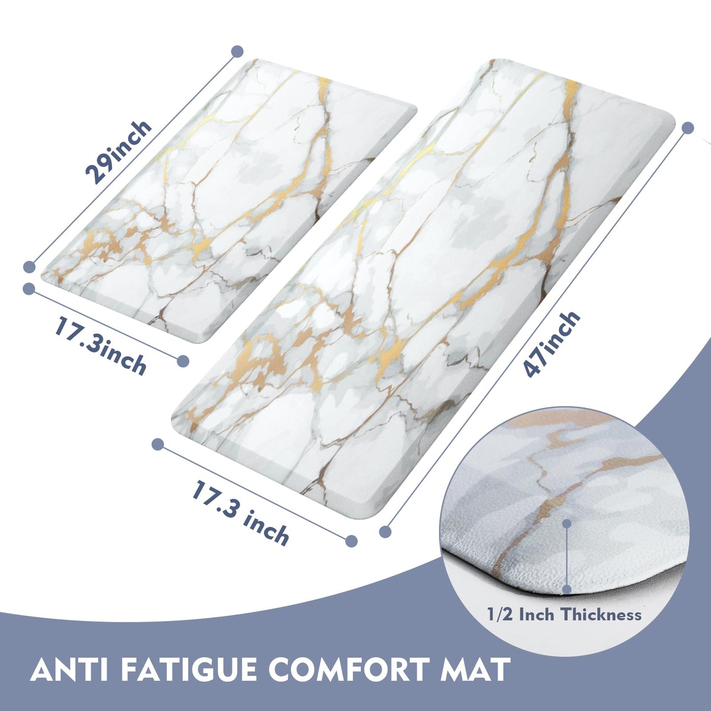 WEZVIX Anti Fatigue Kitchen Rugs and Mats 2 PCS, Comfort Cushion Mat Set, 1/2 Thick Non Slip Kitchen Floor Rug Waterproof Cushioned Standing Mat for Floor Office Sink Laundry,(17.3"x29"+17.3"x47")