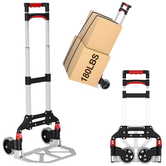 DIAMONDFORGE Folding Hand Truck, 180lbs Lightweight Foldable Dolly Cart with Wheels and Telescopic Handle, Portable Folding Dolly with Rubber Wheels for Moving Groceries, Home, Auto, Black Red