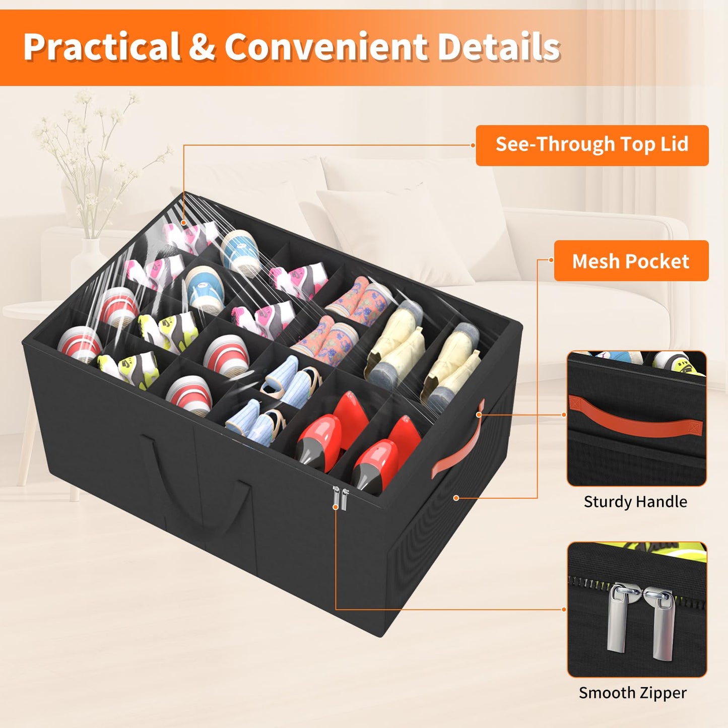 Aokeyee 2 Pack Shoe Organizer for Closet, Large Shoe Storage Box Fits up to 48 Pairs, Space Saving Foldable Shoes Organizer Bin w/Clear Cover and 4 Reinforced Handles, Black
