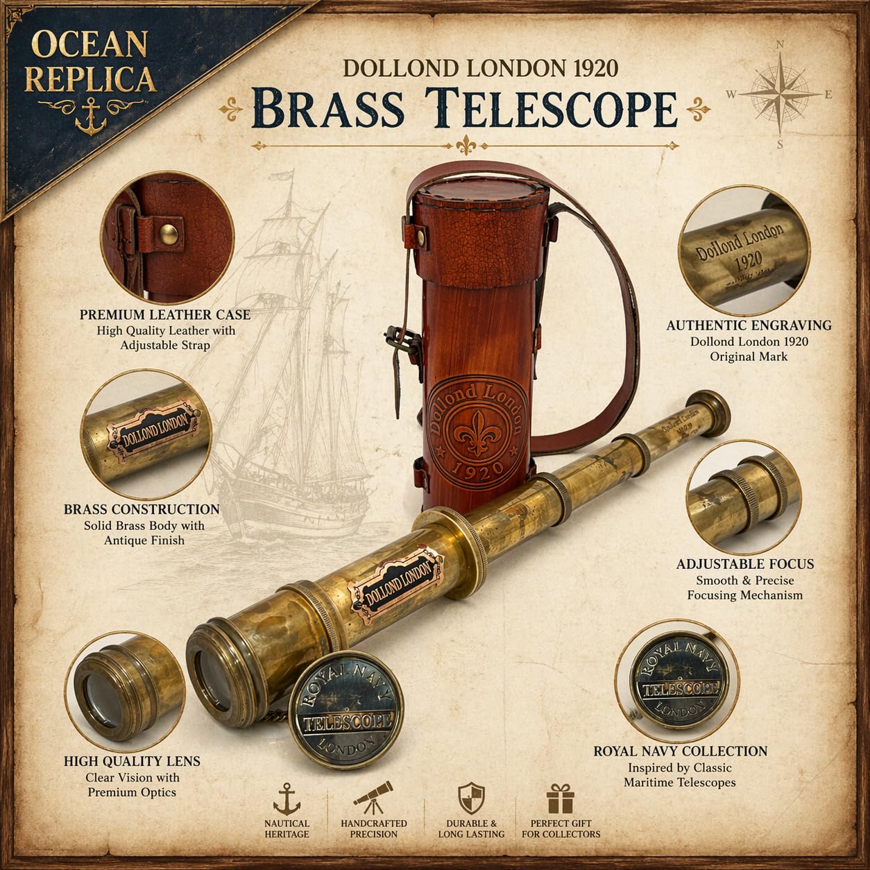 OCEAN REPLICAS 16 inches Antique Commando Telescope/Spyglass Replica in Leather Box