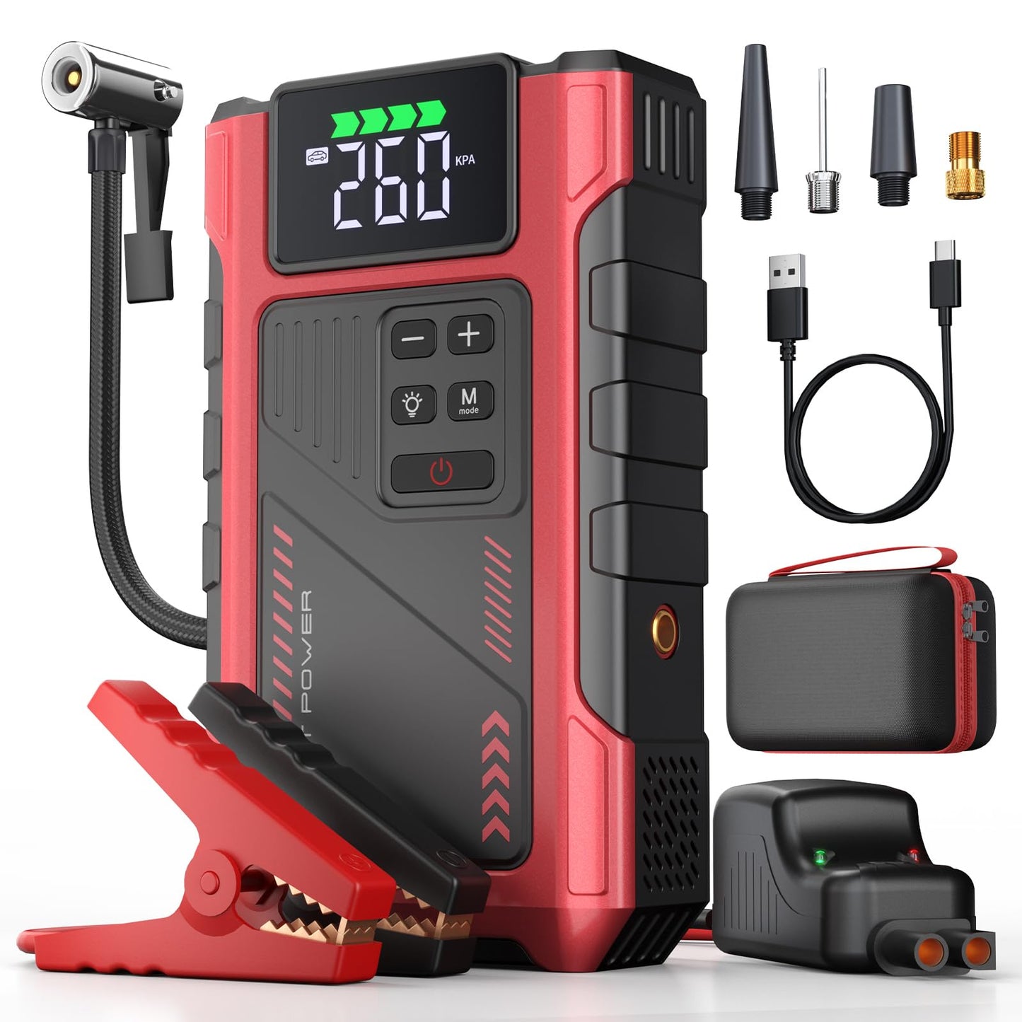 4500A Car Jump Starter with Air Compressor, Portable Battery Charger Jumpstart 12V Vehicle, Power Pack with 150PSI Tire Inflator for 9.0L Gas/7.5L Diesel Engines Jump Box with Light and Jumper Cable