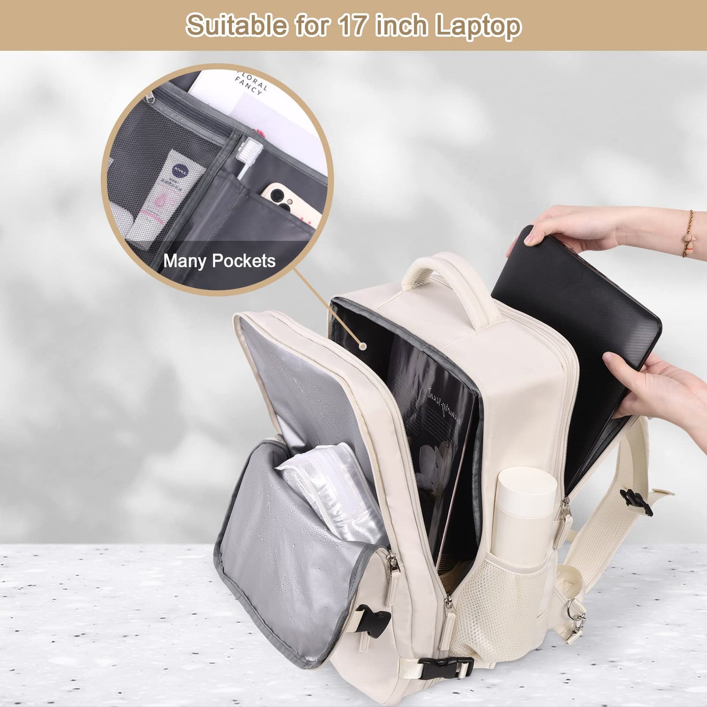 Sinaliy Travel Backpack for Women, Expandable 40L Carry on Flight Approved Backpack, 17 Inch Laptop Waterproof Travel Bag for College, Travel, Work, Beige