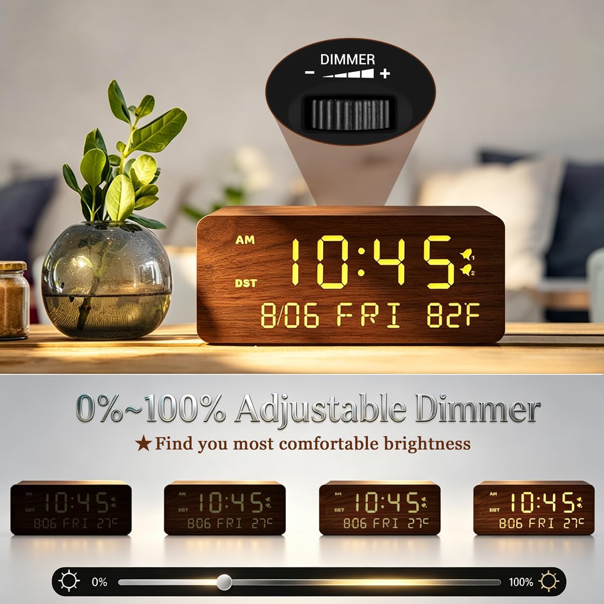 Andoolex Wooden Digital Alarm Clock with Wireless Charging, 0-100% Adjustable Brightness Dimmer and Alarm Volume, Weekday/Weekend Mode, Dual Alarm, Snooze, 12/24H, Wood LED Clock for Bedroom (Brown)