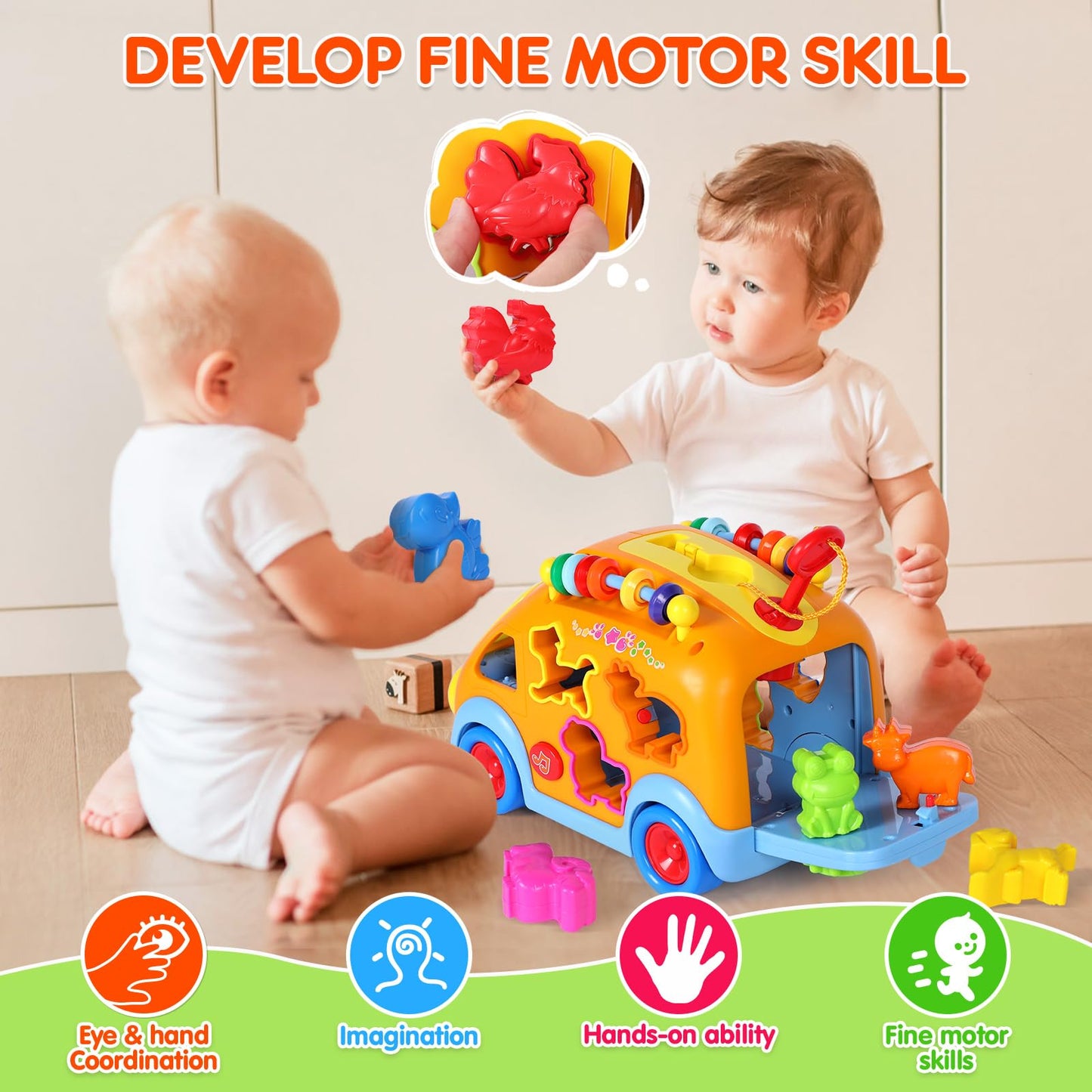 Toy Cars for 1 Year Old Boys Baby Toys 12-18 Months Musical Learning Toys for Toddlers 1-3 Educational Bus with Animal Blocks Birthday Gift