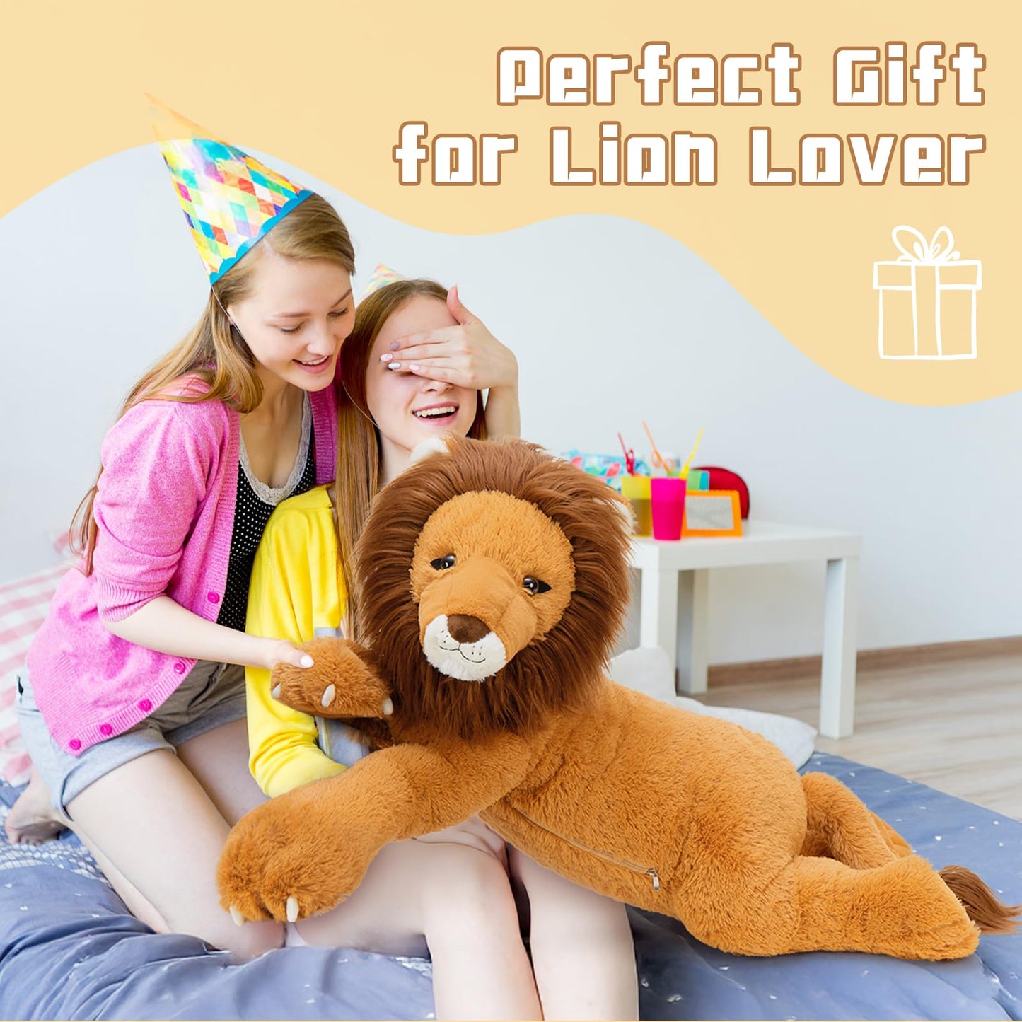 Tezituor 43.3inch Giant Lion Stuffed Animal, Hugging Soft Lion Plush Body Pillow, Realistic Large Stuffed Lion Plush Gift for Kids