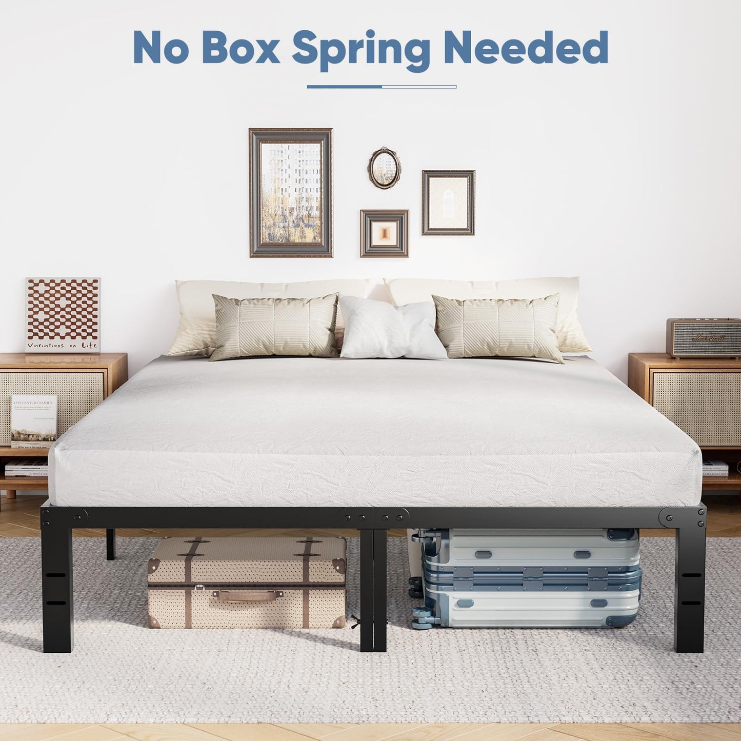 DUMOS Queen Size 14 Inch Bed Frame - Metal Platform Bed Frame Mattress Foundation with Steel Slat Support, No Box Spring Needed, Storage Space Under Base, Easy Assembly, Black