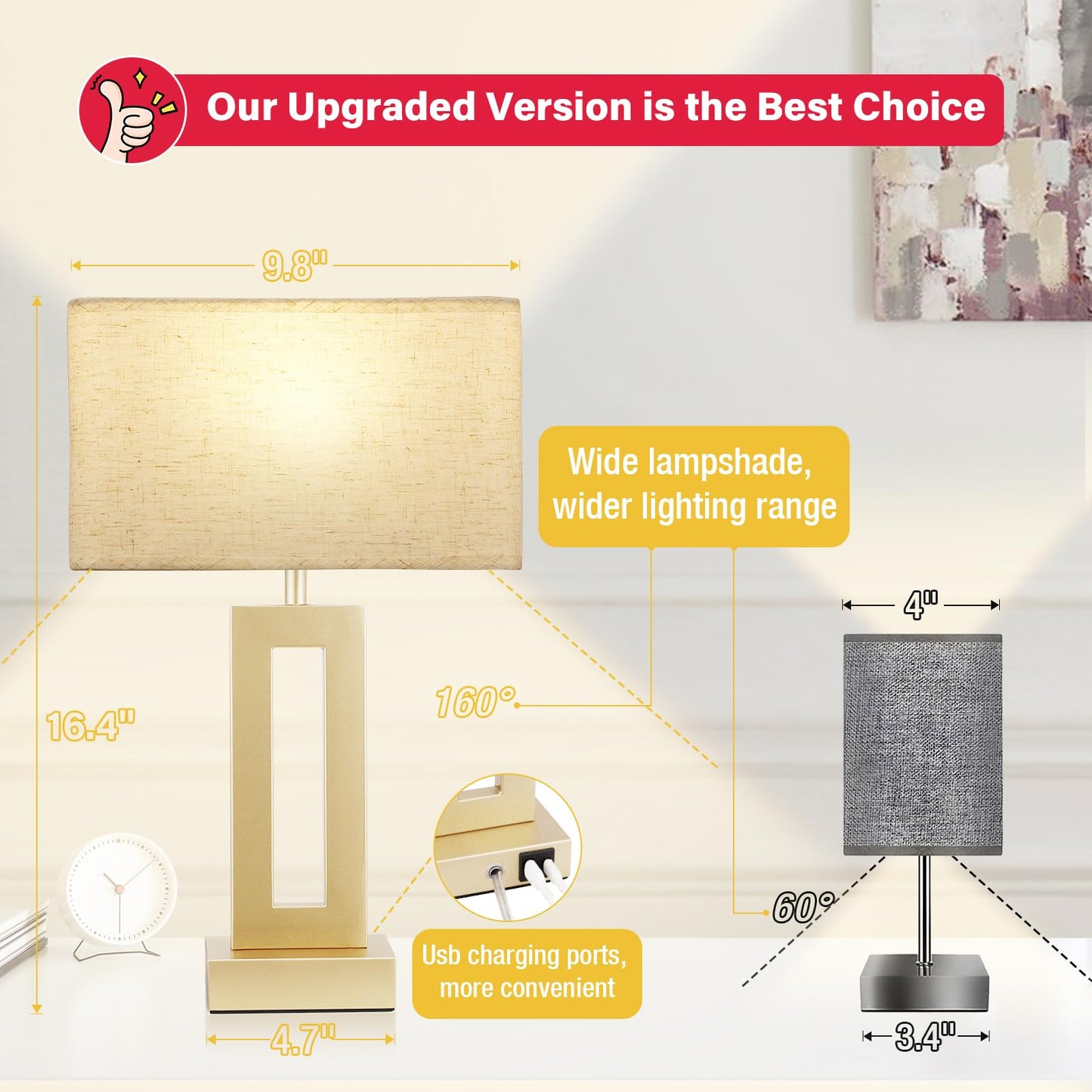 Seealle Bedroom Table Lamps Set of 2 - Beige Gold Touch Bedside Lamps with USB C+A, 3 Way Dimmable Gold Lamp for Nightstand, Modern Night Stands Lamps for Living Room