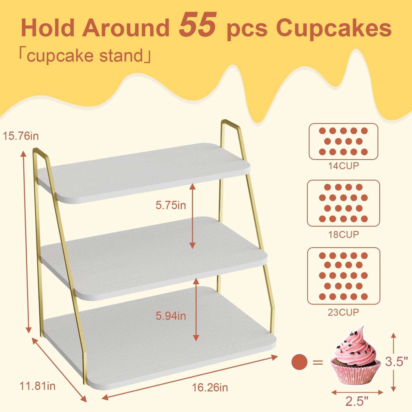 VyGrow Cupcake Stand, 3-Tier Dessert Stand for 55 Cupcakes, Wood & Metal Tower Display Premium Holder Dessert Tree Tower for Christmas Birthday Weddings Party Decor, Serving Tray (White & Gold)