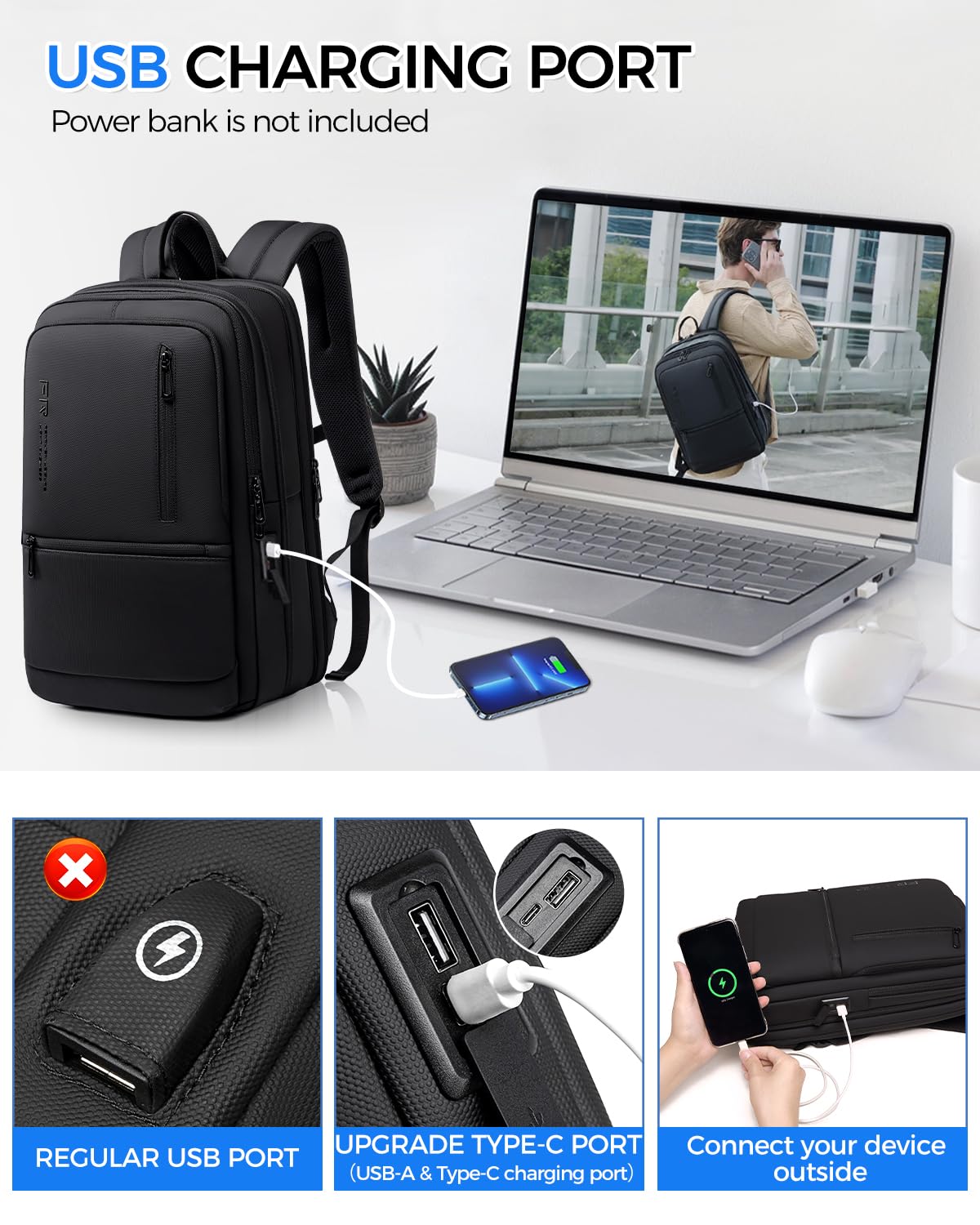 Fenree.geer Work Backpack for Men, Expandable Backpack with USB C Charging Port, Water Resistant 15.6 Inch Laptop Backpack, Black