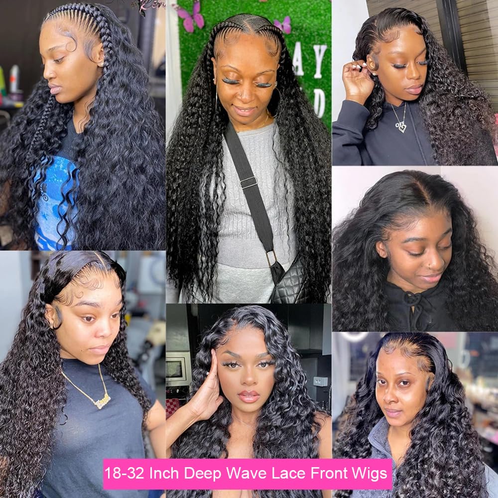 JTMMP 13x6 Deep Wave Lace Front Wigs Human Hair 200% Density 26 Inch Curly Human Hair Wig for Women Natural Black HD Transparent Lace Glueless Frontal Wigs Human Hair Pre Plucked with Baby Hair