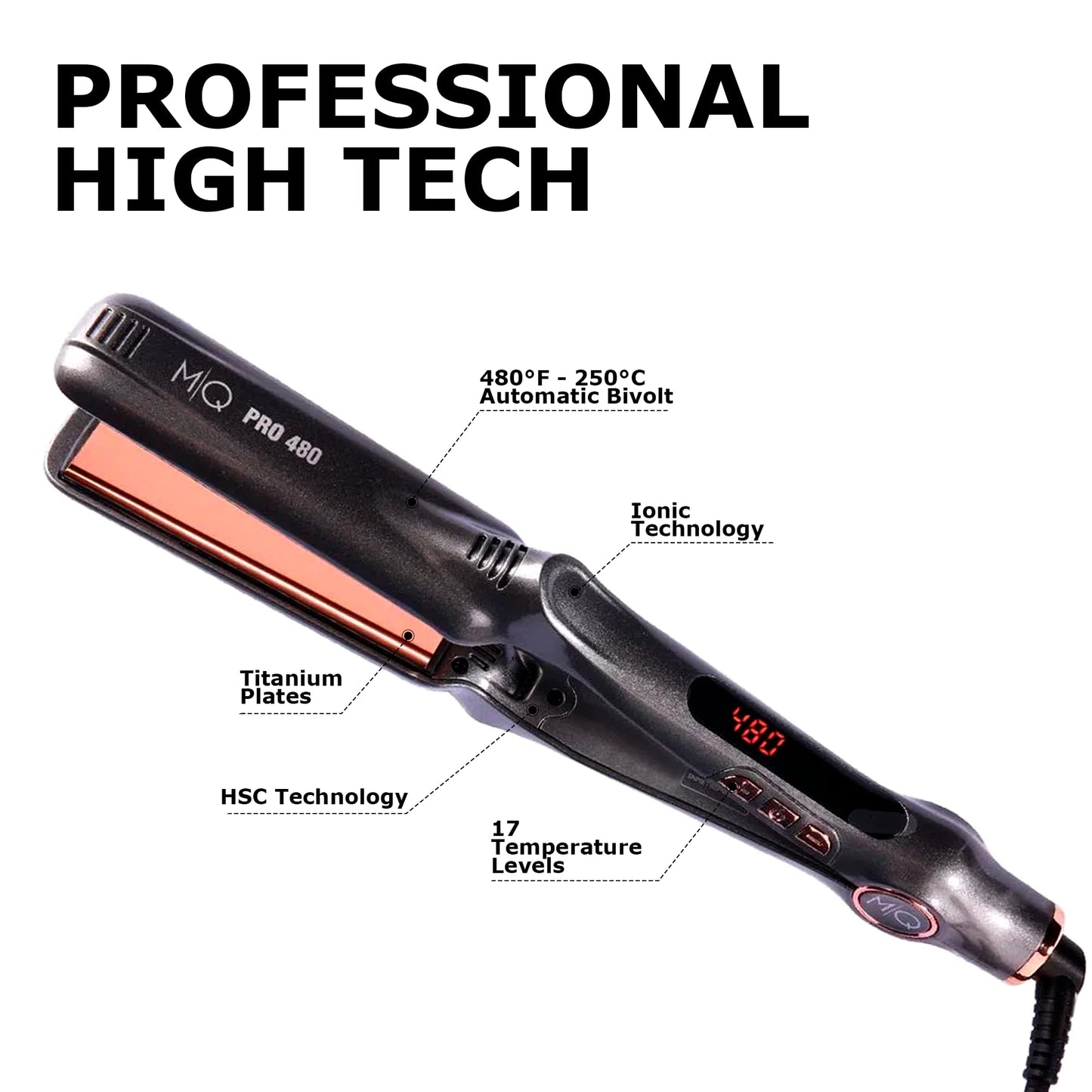 MQ Hair - Professional Titanium Flat Iron 480°F - Bivolt, Anatomic Design, Ultra-Smooth, Mirror Effect - 3 Passes Needed, Temperature Control, Perfect Straightening - Gray Color