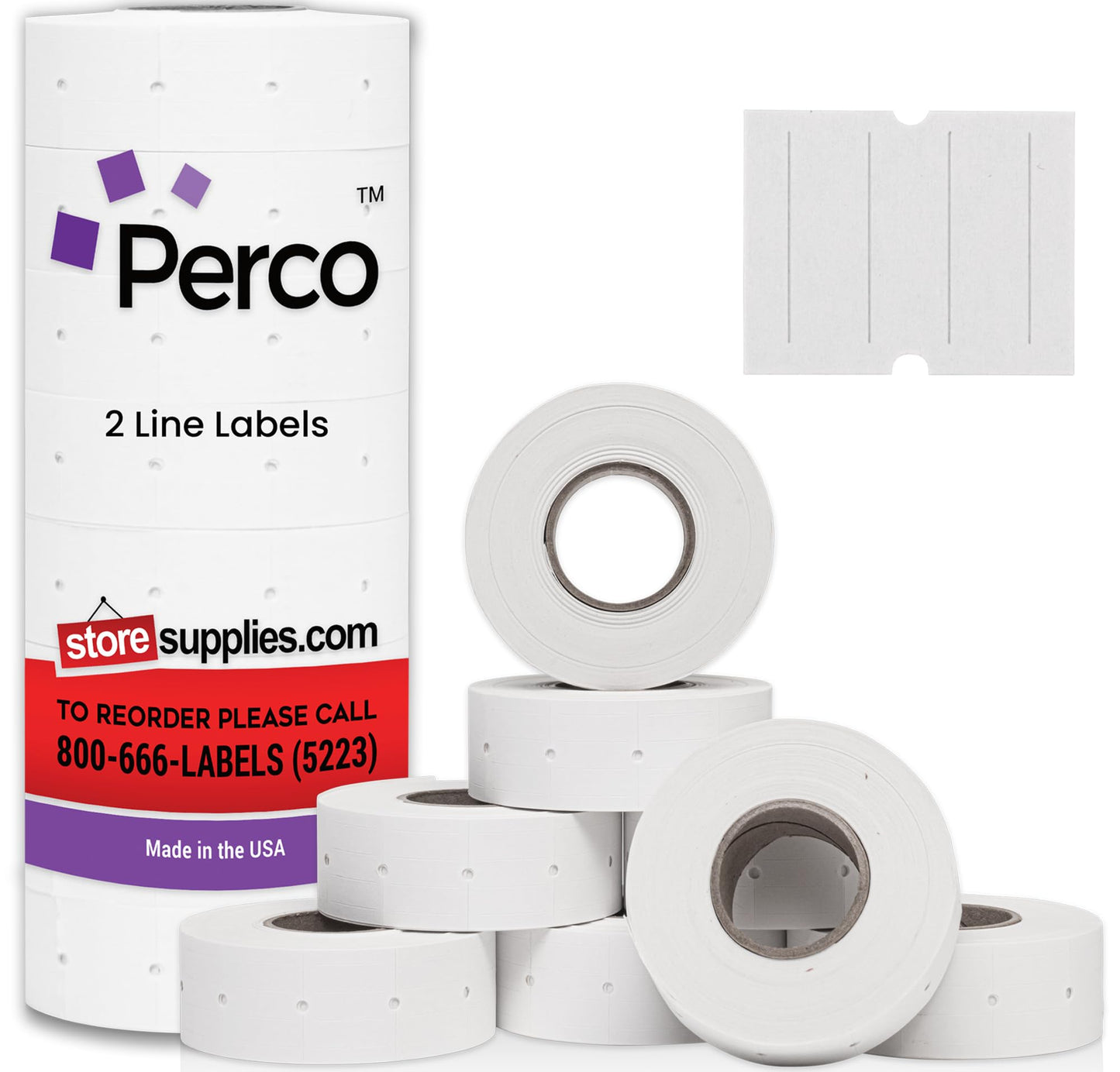 Perco 2 Line White Labels - 6,000 Blank Price and Date Gun Labels for Perco 2 Line Price and Date Guns - 8 Rolls, 1 Sleeve - Made in USA