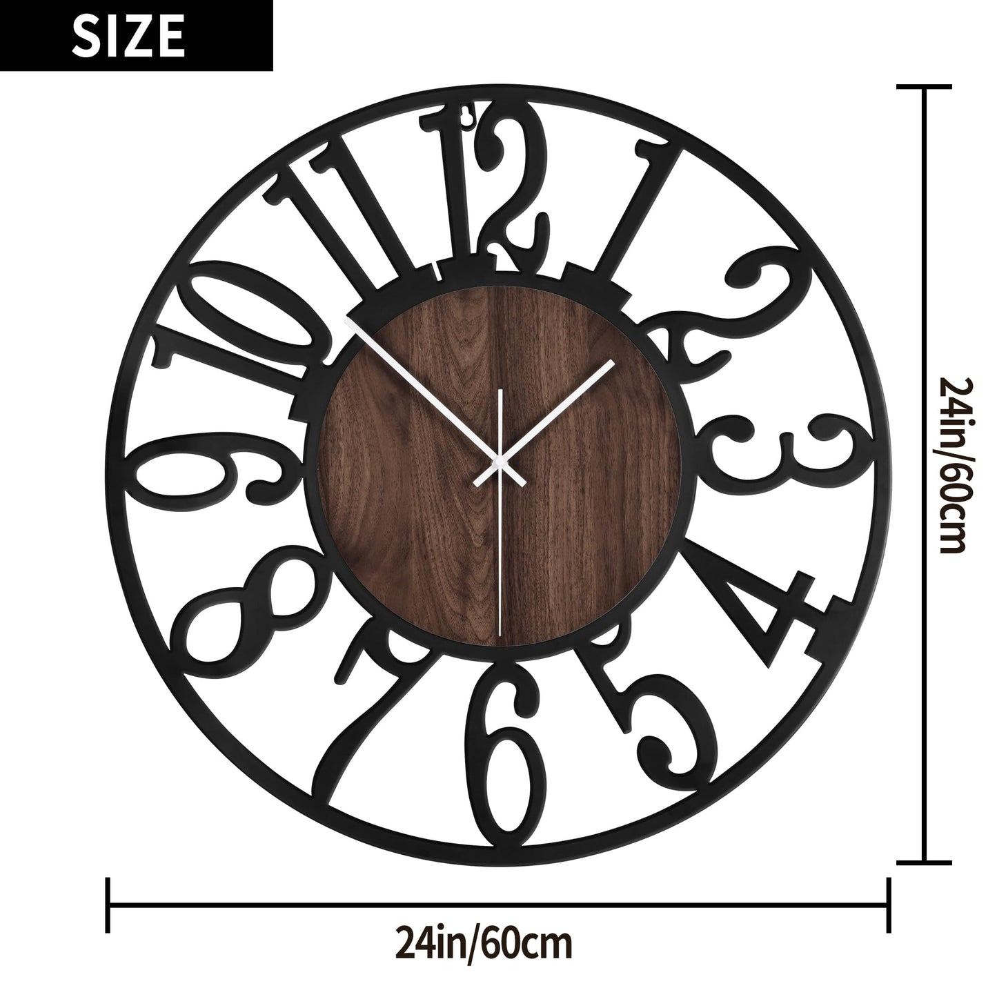 1st owned Large Wall Clock for Living Room Decor- 24" Decorative Antique Silent Non Ticking,Battery Operated,Black Metal,Wood Clocks for Farmhouse,Dining Room,Bedroom,Kitchen - Arabic Numerals