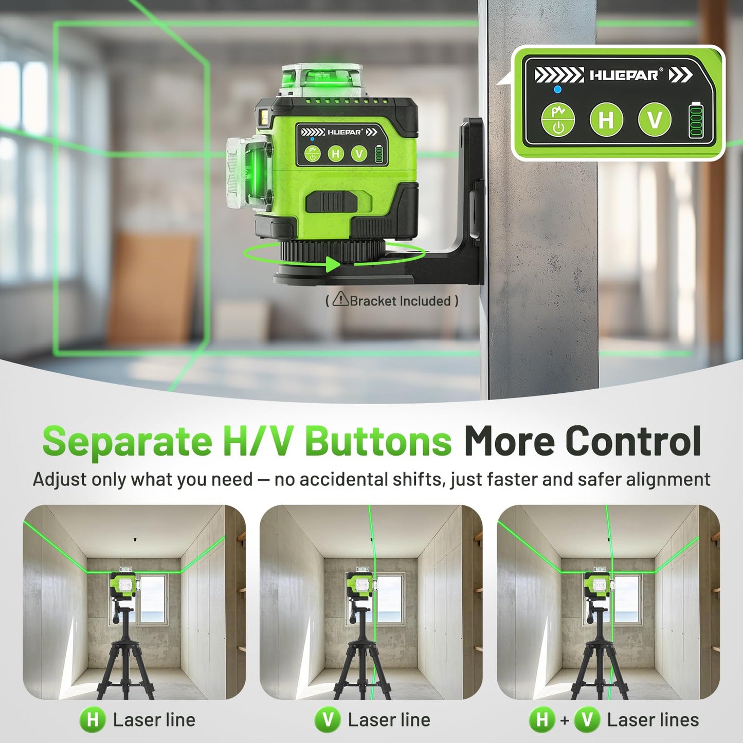 Huepar Laser Level with Digital Angle Screen, 3 x 360° Self Leveling High Brightness 12 Green Cross Line Laser for Construction and Picture Hanging, 4000 mAh Rechargeable Battery & Hard Carry Case