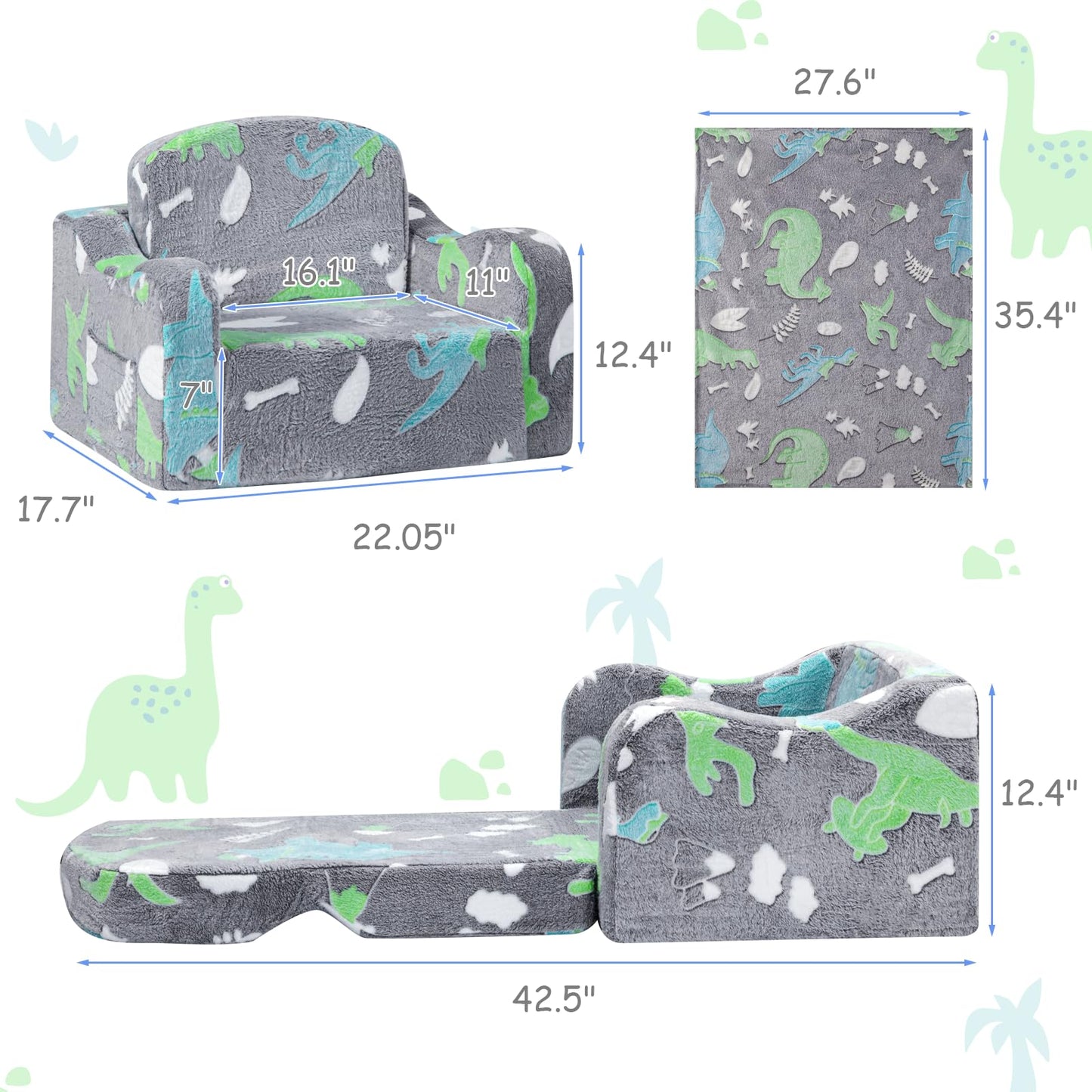Airpanda Comfy Kids Chair and Couch with Blanket,2-in-1 Soft Fold Out Couch for Girls and Boys,Convertible Sofa Chair for Playroom,Gray Dinosaur