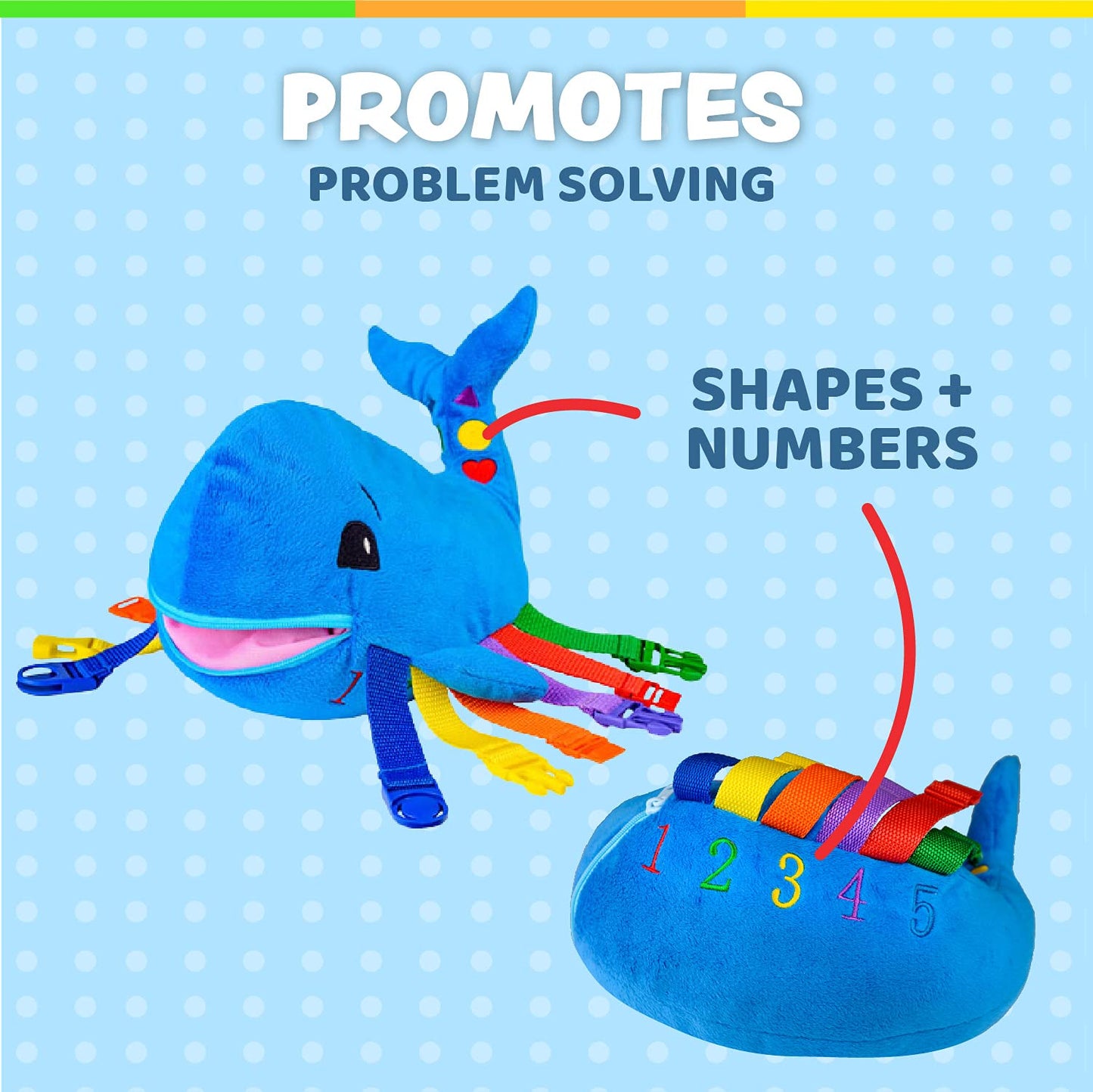Buckle Toy Blu Whale - Toddler Early Learning Basic Life Skills Children’s Plush Travel Activity
