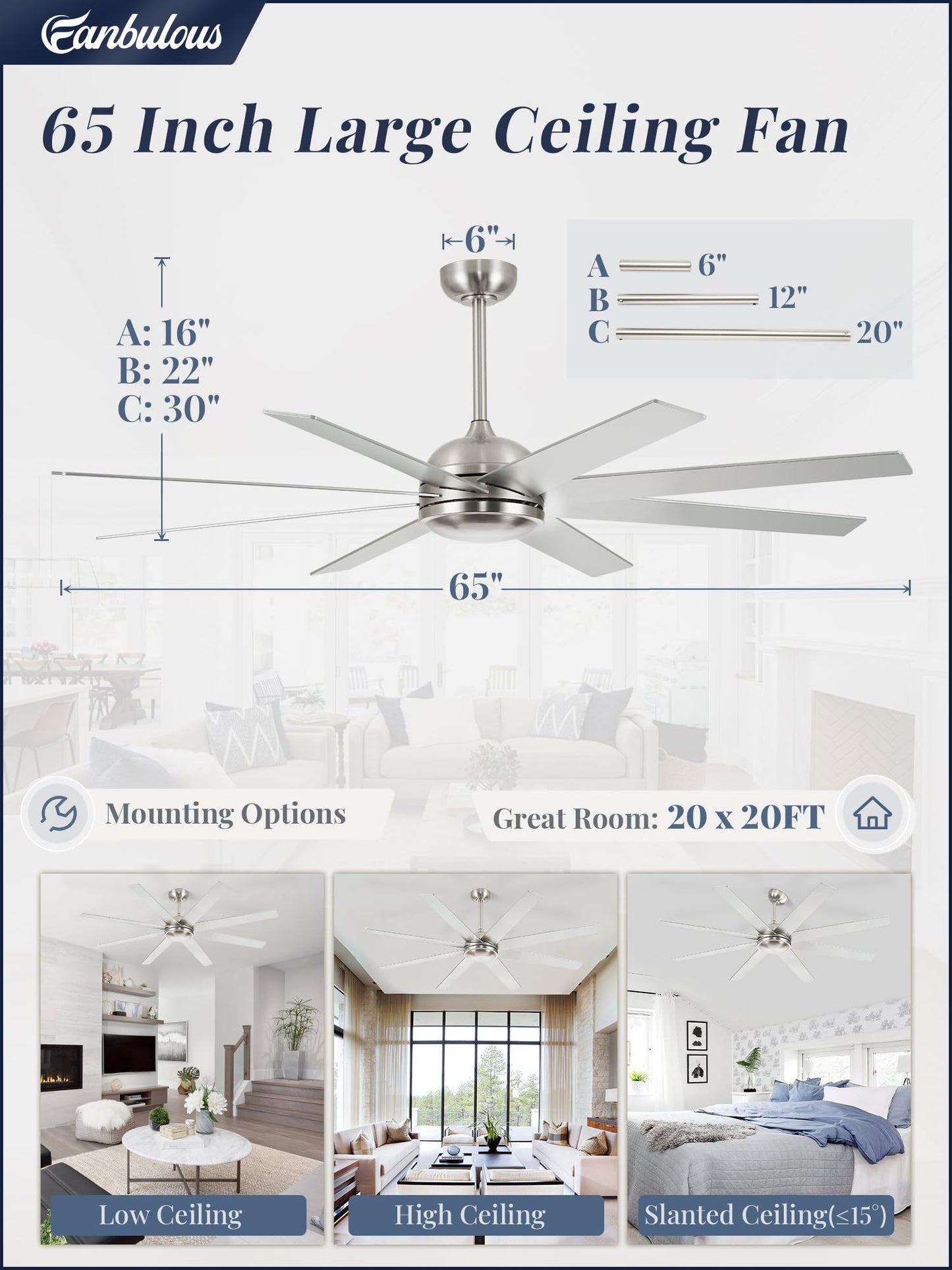 65 Inch Ceiling Fans No Light with Remote, Brushed Nickel Indoor/Outdoor Ceiling Fan Without Light with Quiet Reversible DC Motor, 6 Speeds, 8 Blades Large Ceiling Fan for Living Room Bedroom Patio