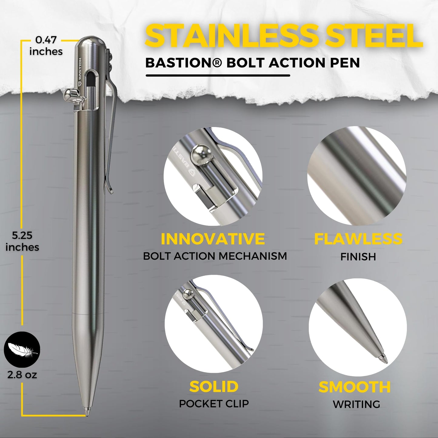 BASTION® Luxury Bolt Action Pen, Durable Professional Ballpoint Pen with Fine Tip, EDC Pen Ink Refillable Pen - 100% Stainless Steel