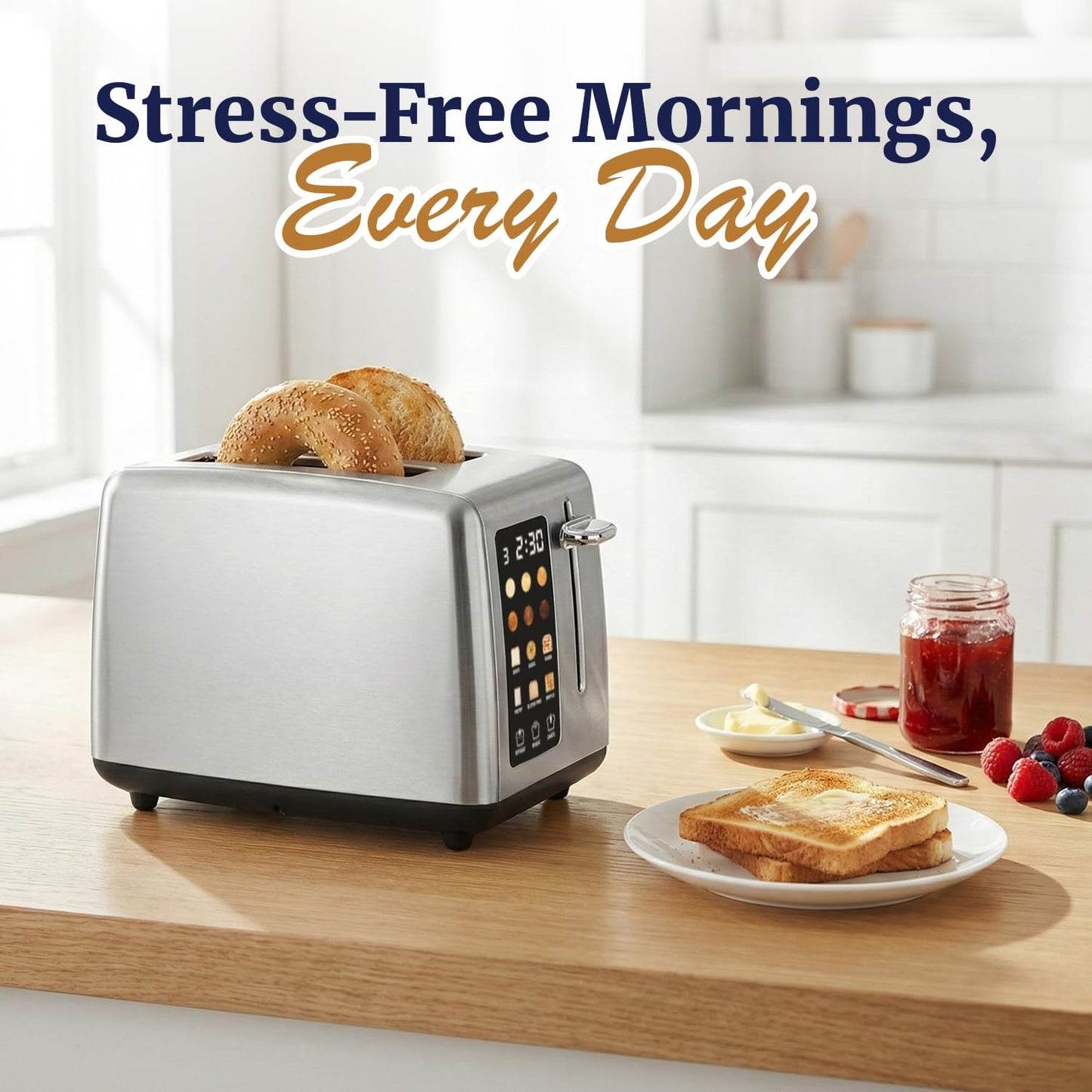 Elite Gourmet 2-Slice Toaster with Digital Countdown, Extra-Wide Slots for Bagels & Thick Bread, One-Touch Presets, Stainless Steel, Defrost/Reheat/Cancel
