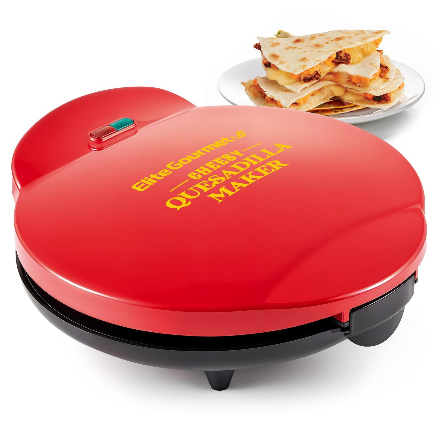 Elite Gourmet 10.65" Cheesy Quesadilla Maker, 2-Position Locking Latch For Extra Stuffing, Easy-Slice 6-Wedge, Red