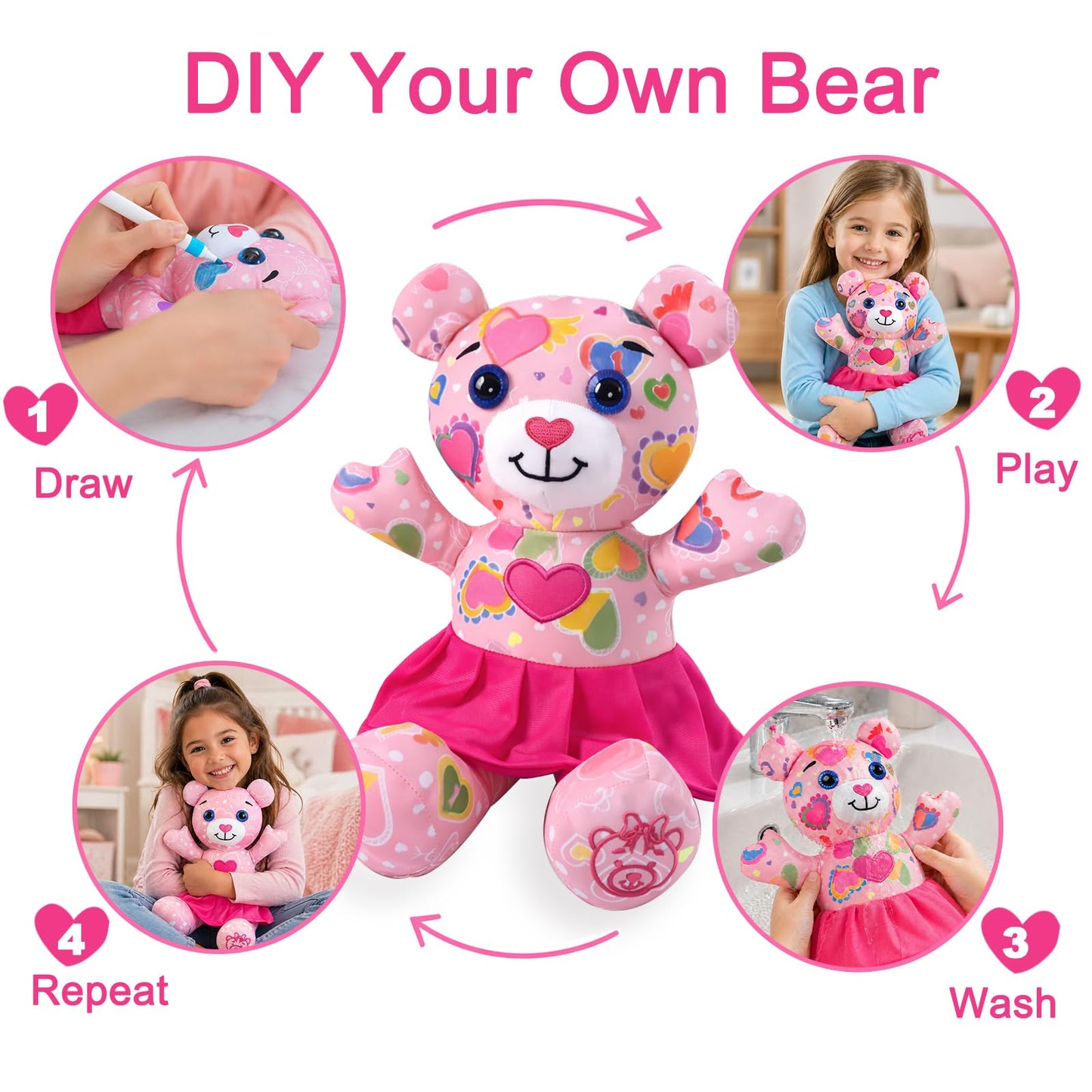 DIY Coloring Plush Toy with Washable Markers, Scribble Pets Stuffed Animal, Doodle Dolls Art Toy for Boys and Girls Ages 3-8, Birthday Gift (Pink Bear)