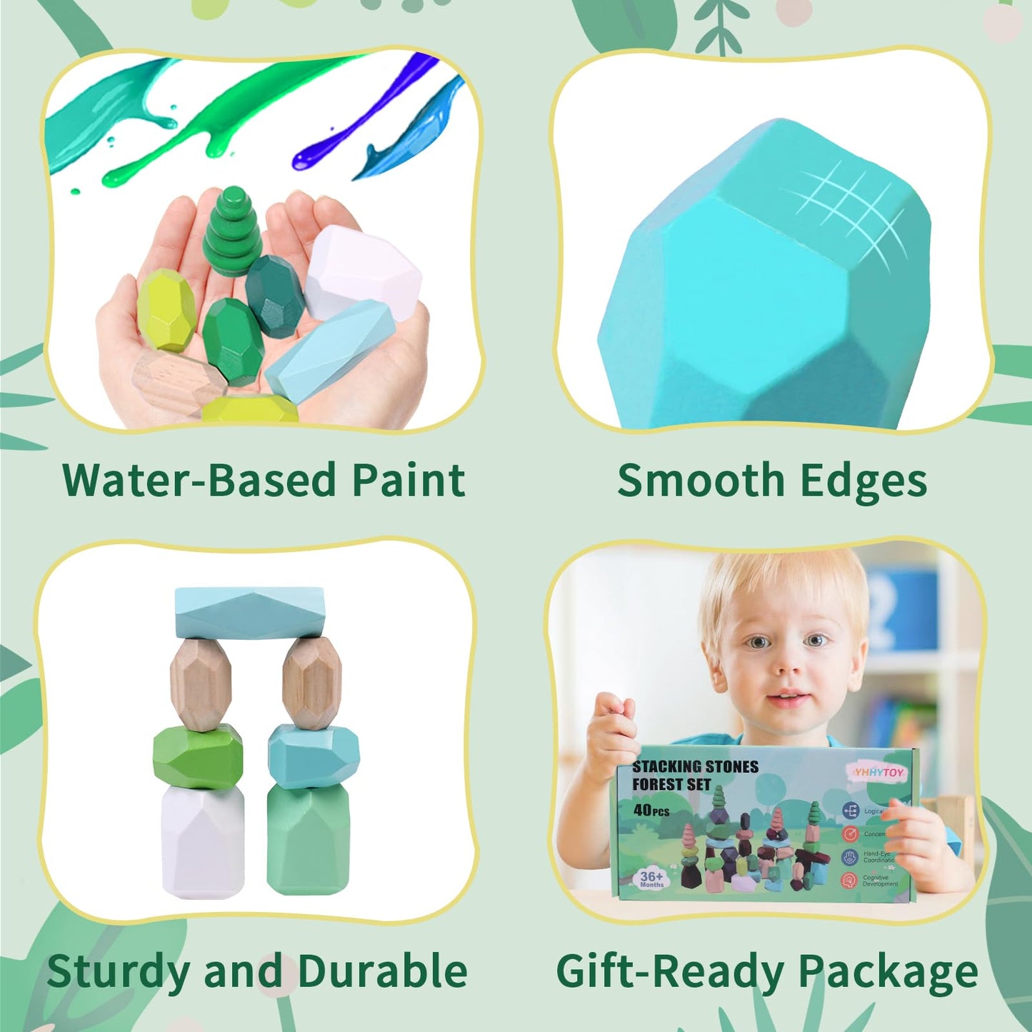 YHHYTOY - 40 Pieces Wooden Stacking Building Blocks Woodland Themed Sensory Learning Montessori Toys for 3 4 5 Year Old Boys Educational Preschool STEM Toys for Kids