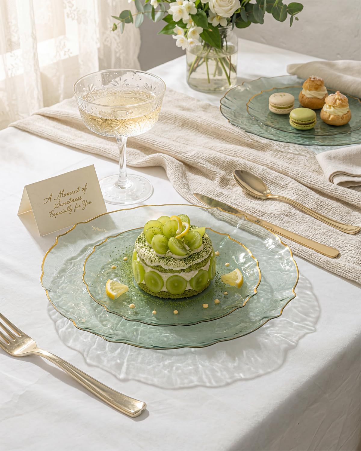 bUCLA 40PCS Sage Green Plastic Plates Disposable - Fancy Clear Hammered with Gold Lace-Edge - Include 20 Each (10inch Dinner & 7inch Dessert) Plates for Party, Birthday & Daily Use