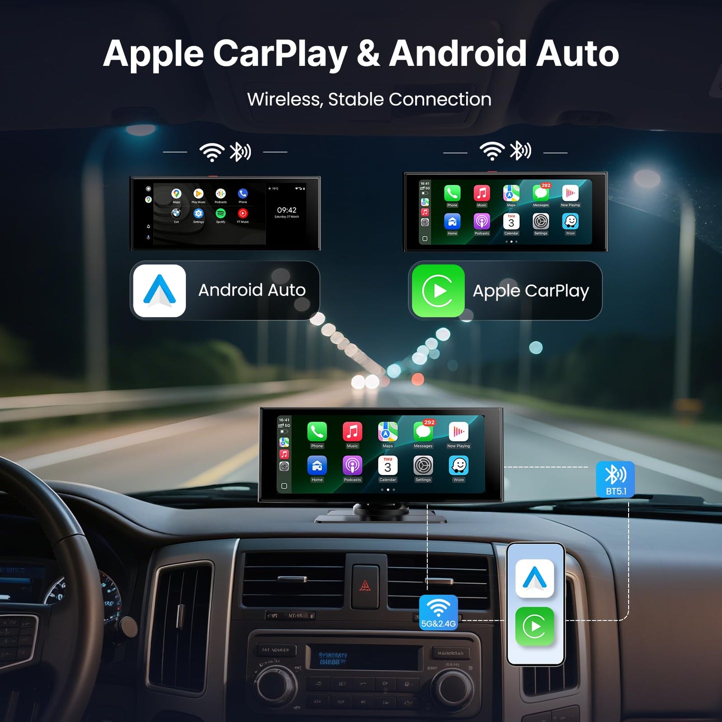 WonVon Wireless Car Play Screen, 10.26'' Monitor with Apple Carplay & Android Auto, 4K Dash Cam 64G, 1080P Backup Camera, Portable Smart Touch Tablet Stereo Multimedia Dashboard, Bluetooth/FM/GPS/AUX