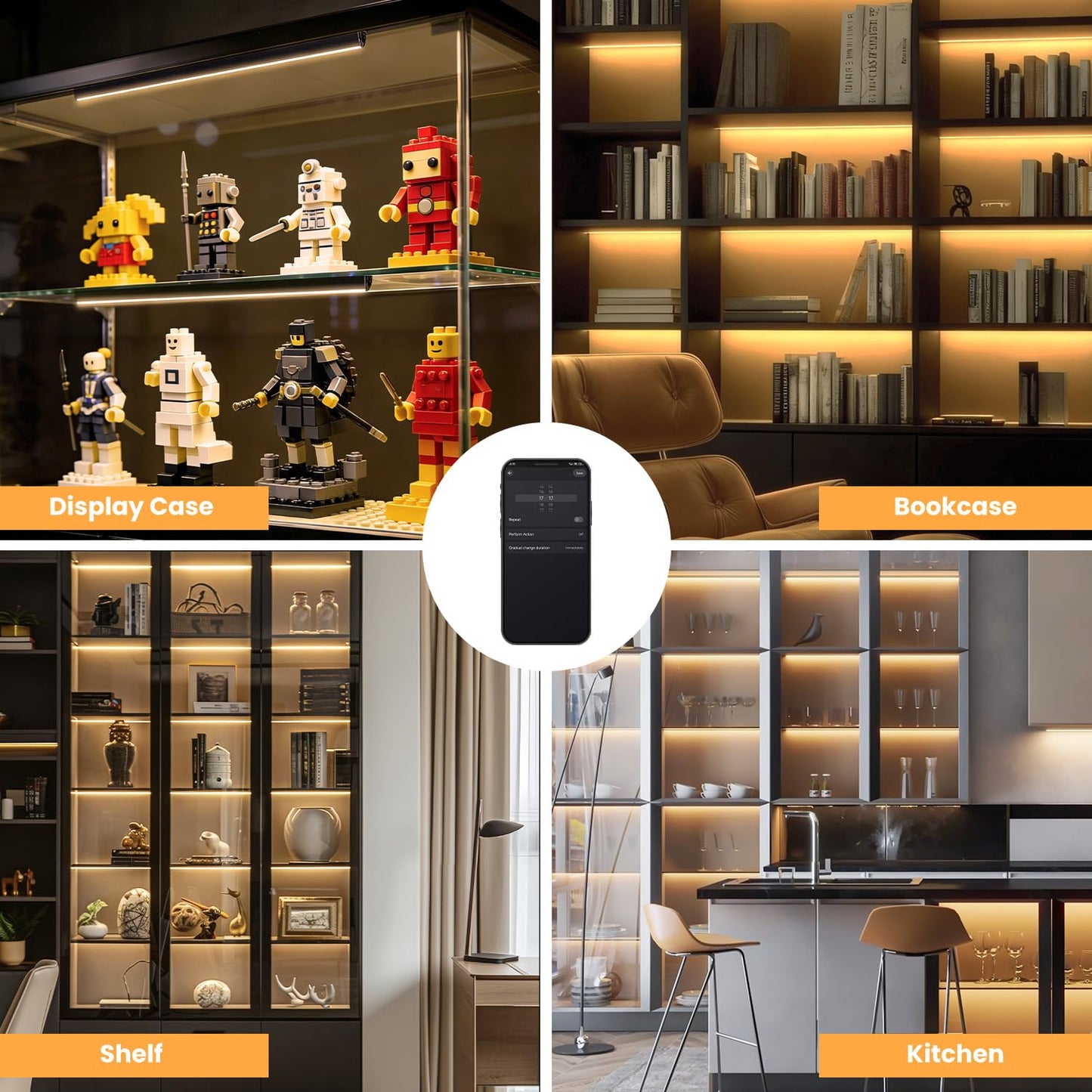 Lumtide Black Shelf Lights, LED Bookcase Lighting Compatible with Alexa, WiFi Dimmable 2700K Under Shelf Lighting for Bookshelf, Display Case, Cabinets with App, Remote, Memory Function (8Pack 12In)