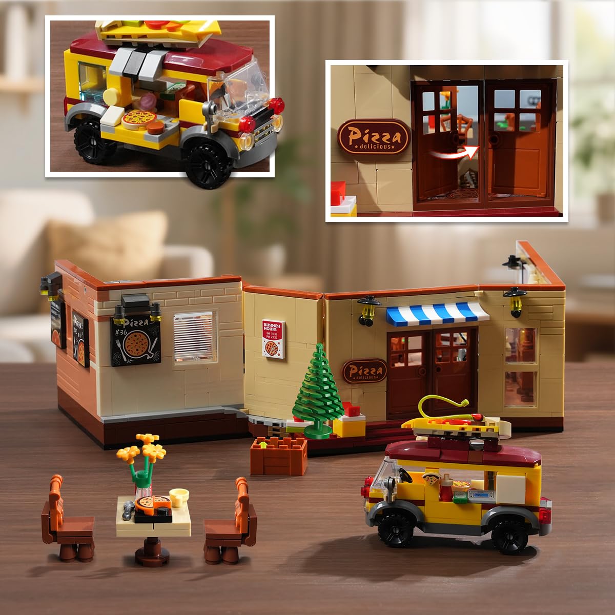 INSOON City Street Pizza Restaurant Building Set with Light, 1098PCS Pizzeria House Architecture Model with Retro Pizza Van, Home Decor Construction Building Block Gift for Adults Teens Boys Girls 12+