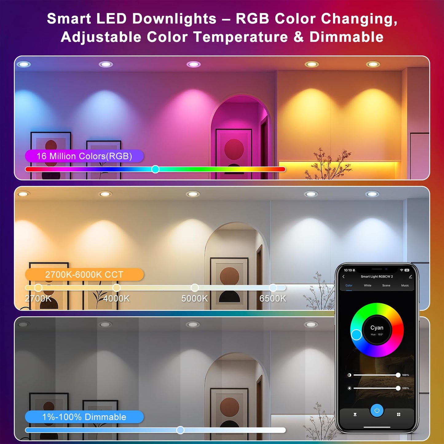 2 Inch Smart Recessed Lighting, 5W RGB WiFi LED Downlight, Dimmable RGB Color Changing & CCT 2700K–6500K, Compatible with Alexa & Google Home, 120V Round Recessed Ceiling Light with Driver (4 Pack)