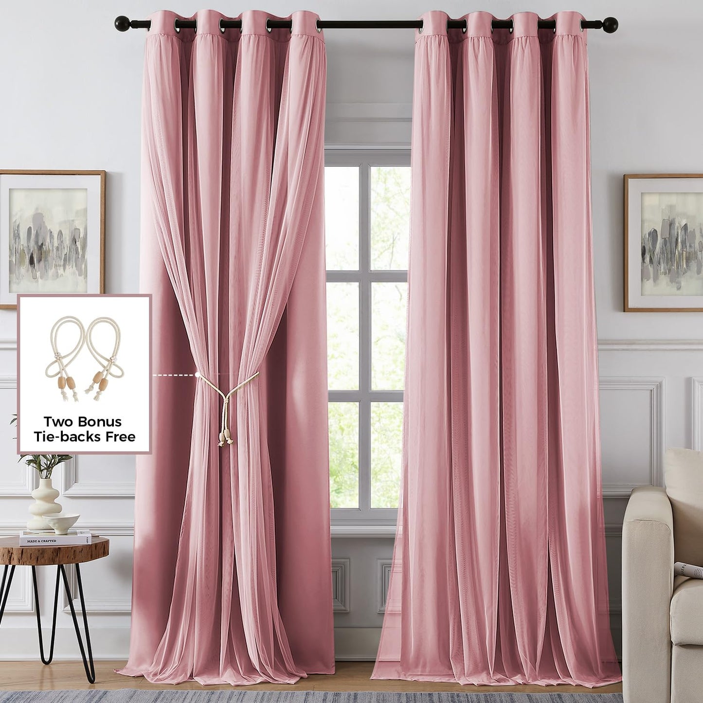 Swandream 100% Blackout Curtains for Bedroom, Double Layer Pink Curtains, Black Out Curtain 84 inch Long with Sheer Overlay for Living Room, Room Darkening Window Drapes with Grommet, 52" W x 84" L