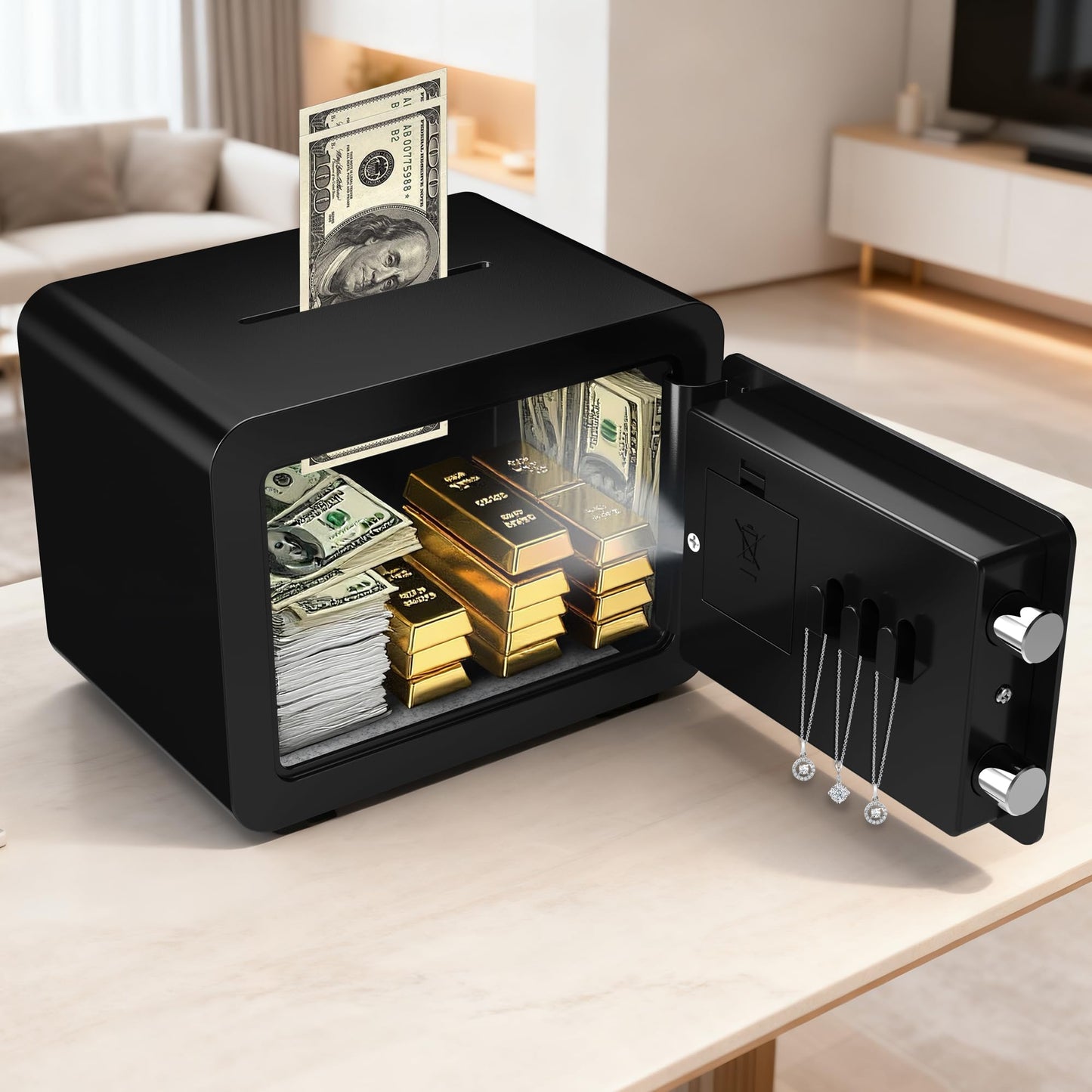 Small Safes for Home Small Safe Box Mini Safe with Coin Slot Personal Safes for Money Cash Documents Kids Safety Box with Digital Keyboard & Sensor Light Caja Fuerte Para Dinero 0.23 Cubic (black)