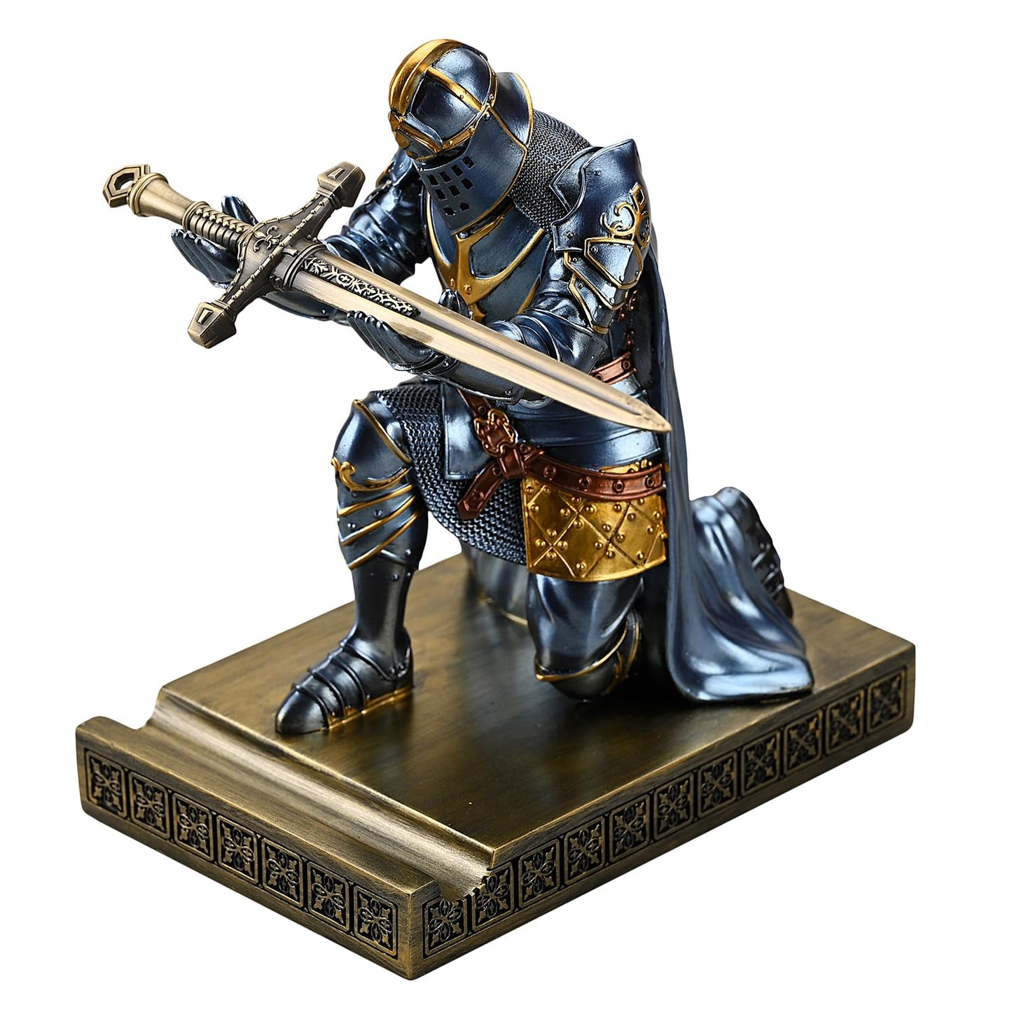 HDMbigmi King's Guard Leader Cloak Warrior Knight Pen Holder Mobile Phone Stand, Ornament Knight Statue, Pen Stand Paperweight for Office and Home (Blue)