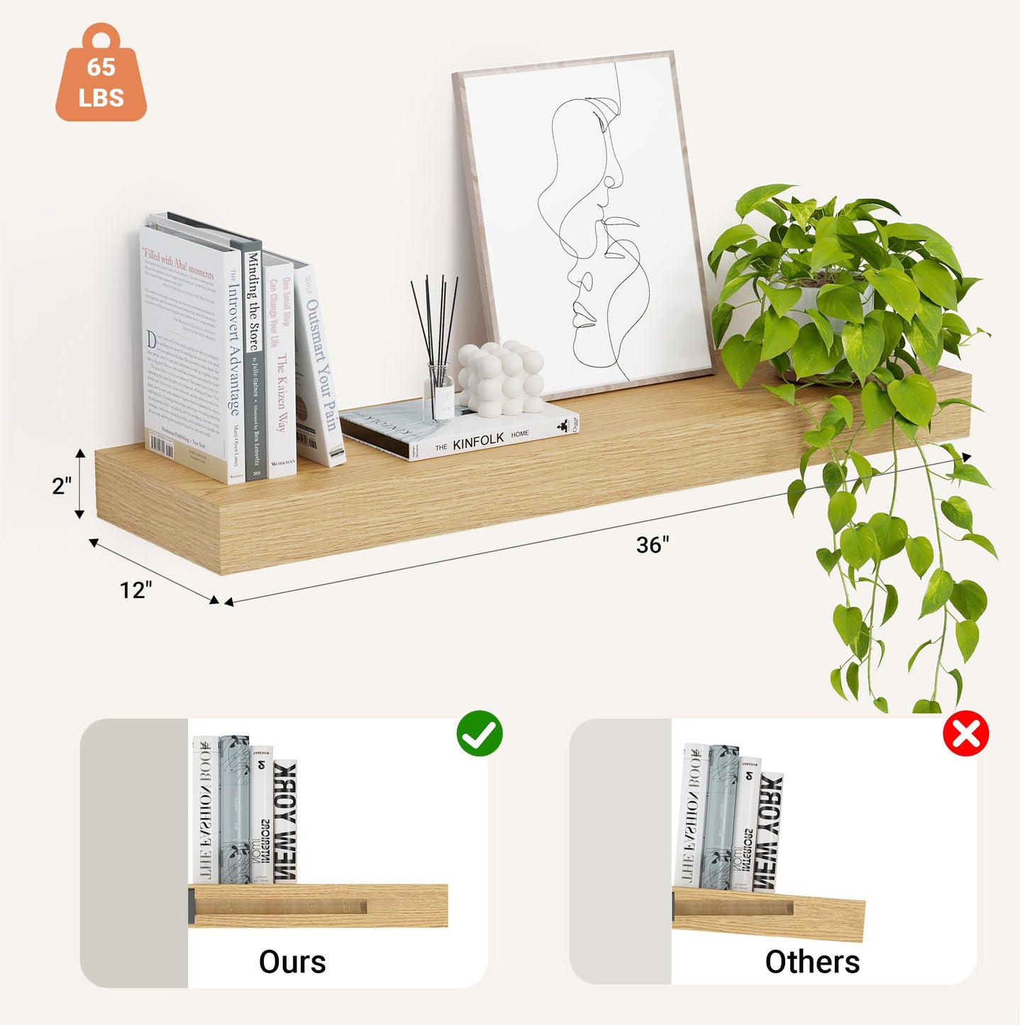 Heimlove 12" Deep Floating Shelves, 36 x 12 Inch Wall Mounted Long Floating Shelf with Invisible Brackets, for Home Decor, Bedroom, Kitchen, Living Room, Bathroom - 1 Pack, Oak