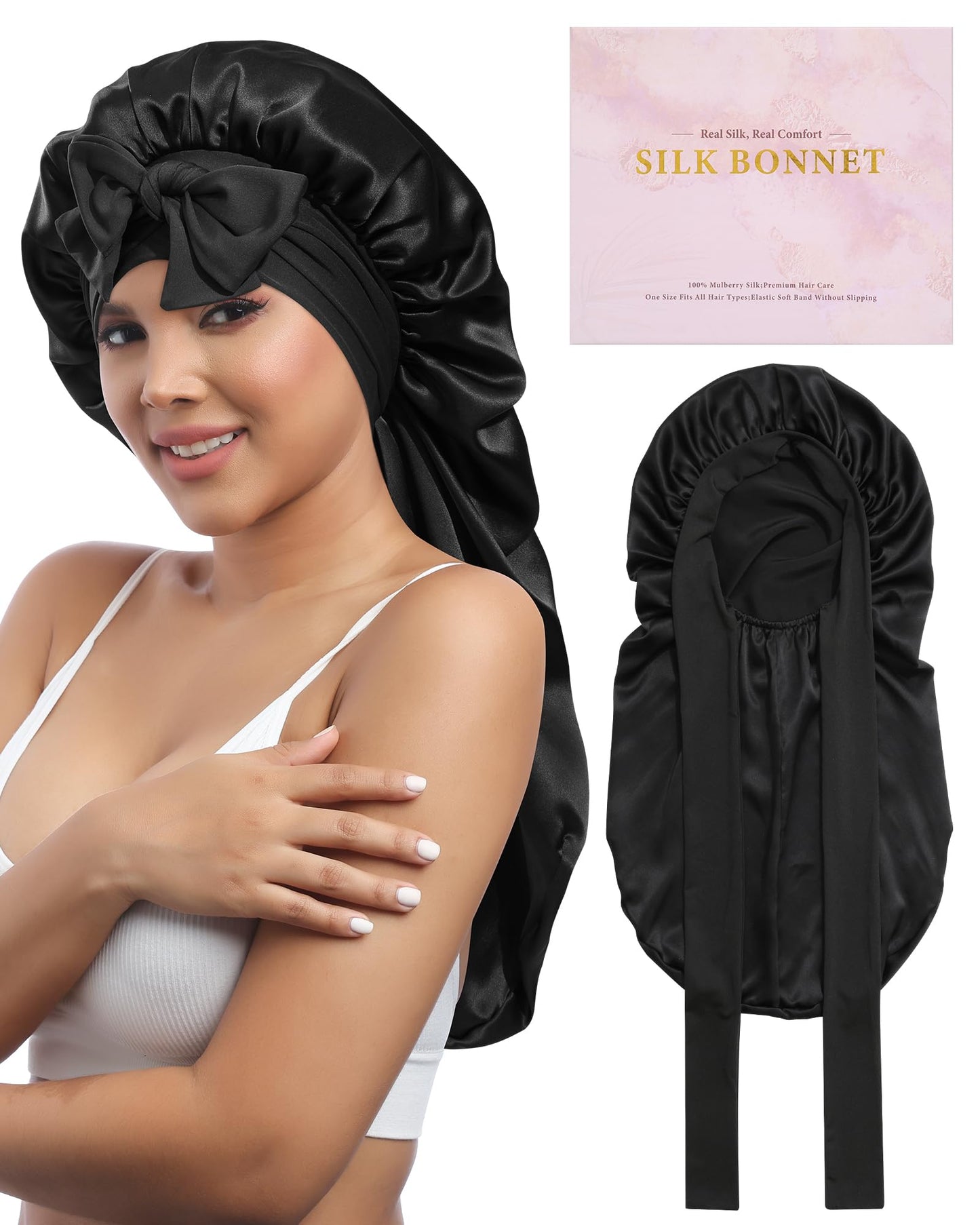 AWAYTR Long Silk Bonnet for Sleeping - 100% Mulberry Silk Bonnet for Women Long Hair Sleep Cap with Elastic Tie Band (Black)