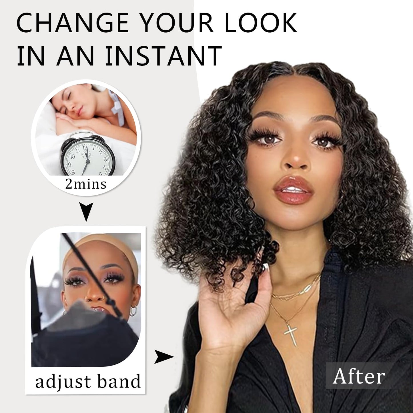 Xinjiju Wear and Go Glueless Wigs Human Hair Pre Plucked Pre Cut 6x4 Short Curly Bob Lace Front Wigs for Black Women Natural Hairline Water Wave Lace Front Wigs 200% Density 14 Inch