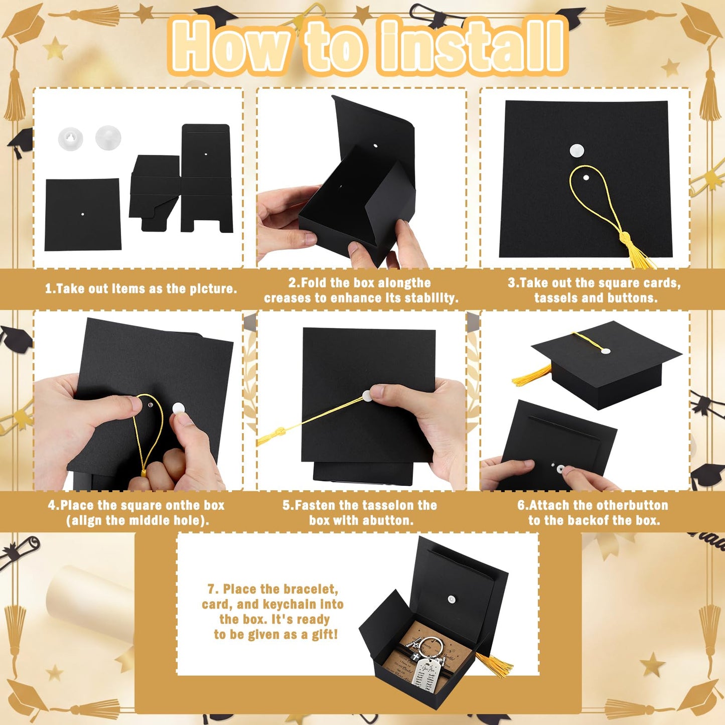 Yinkin 12 Set/48 Pcs 2026 Graduation Gifts Bulk Christian Graduation Bracelet Bible Verse Keychains Grad Gift Boxes with Tassel for Students High School Party Favors