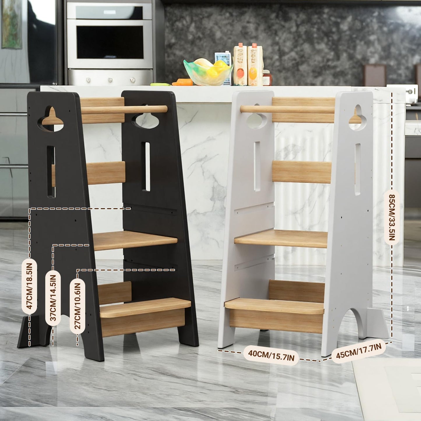 COSYLAND 3 Levels Adjustable Toddler Standing Tower - 33.5IN/85CM Stable Kids Kitchen Step Stool with Protective Crossbar - Wooden Toddler Kitchen Stool Helper(White & Natural)