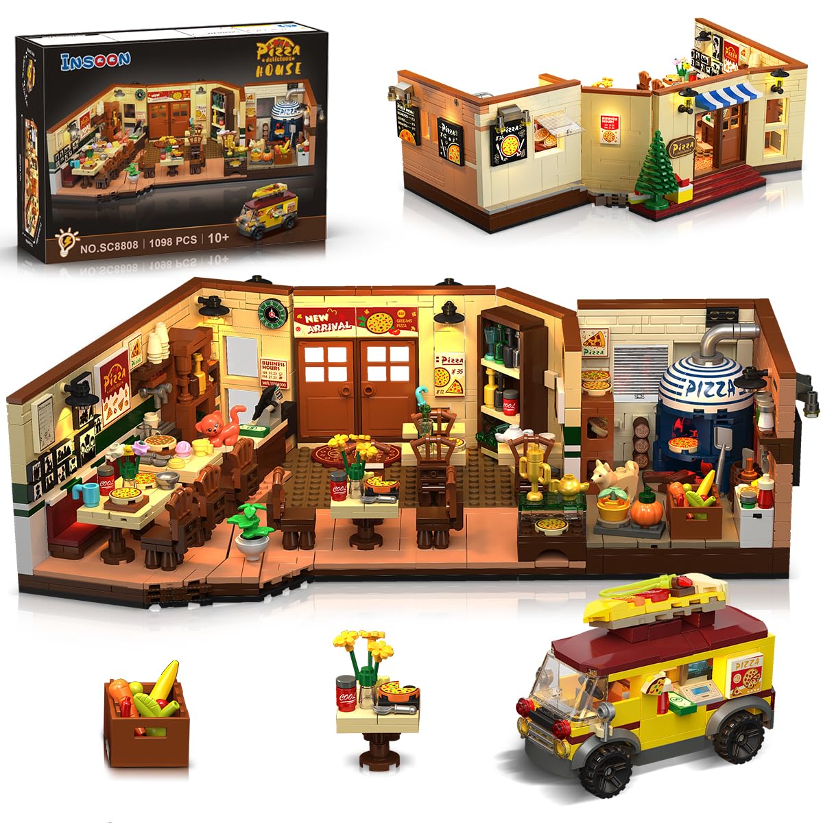 INSOON City Street Pizza Restaurant Building Set with Light, 1098PCS Pizzeria House Architecture Model with Retro Pizza Van, Home Decor Construction Building Block Gift for Adults Teens Boys Girls 12+