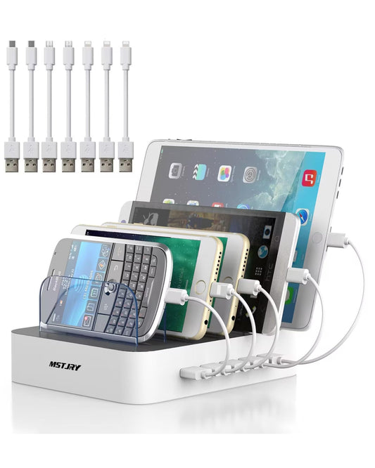 Charging Station for Multiple Devices, MSTJRY 5 Port Multi USB-A Charger Station with Power Switch Designed for iPhone iPad Cell Phone Tablets (White, 6 Mixed Short Cables Included)