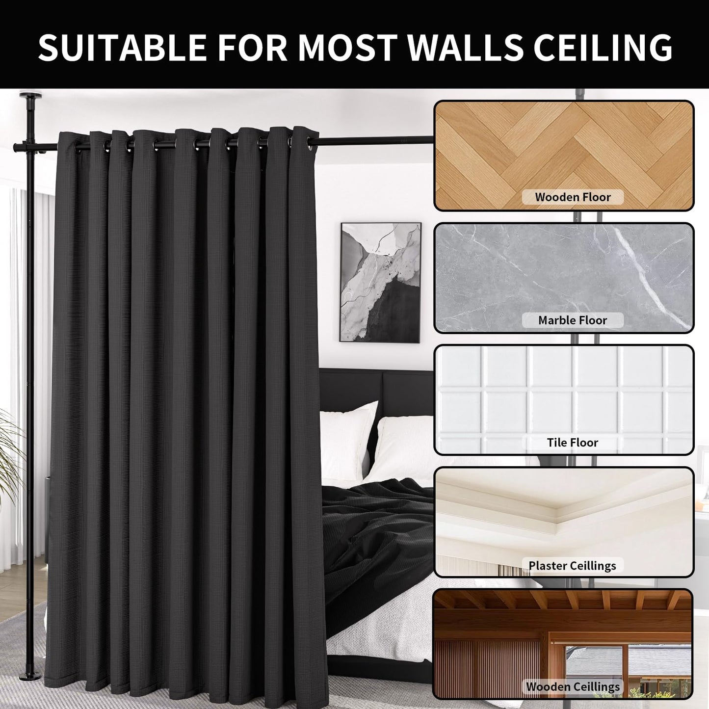 Room Divider Curtain Rod, No Drilling Wall Divider for Room Separation, Adjustable 48-120in (H) 30-70in(W), Heavy Duty Floor to Ceiling Tension Rod Divider, for Temporary Privacy Wall Divider-Black