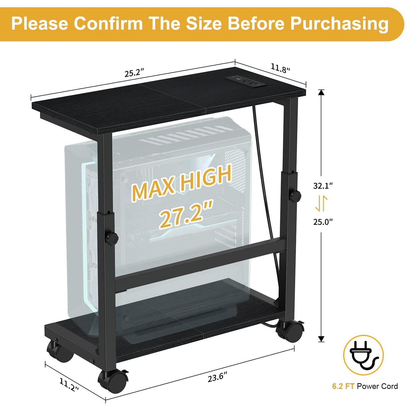 Snughome Computer Tower Stand with Charging Station, 25.0"-32.1" Height Adjustable PC Tower Stand for Floor, Mobile PC Holder with Locking Wheels Computer Cart for Home Office