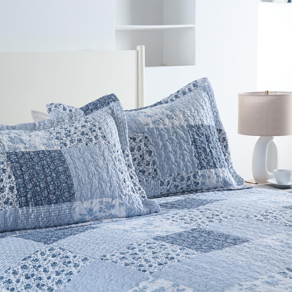 ENASAL Cotton Bedspread Quilt Bedding Sets Reversible Coverlet Sets Comforters Rustic Floral White Blue Patchwork Pattern Bedspread for All Season, King Size