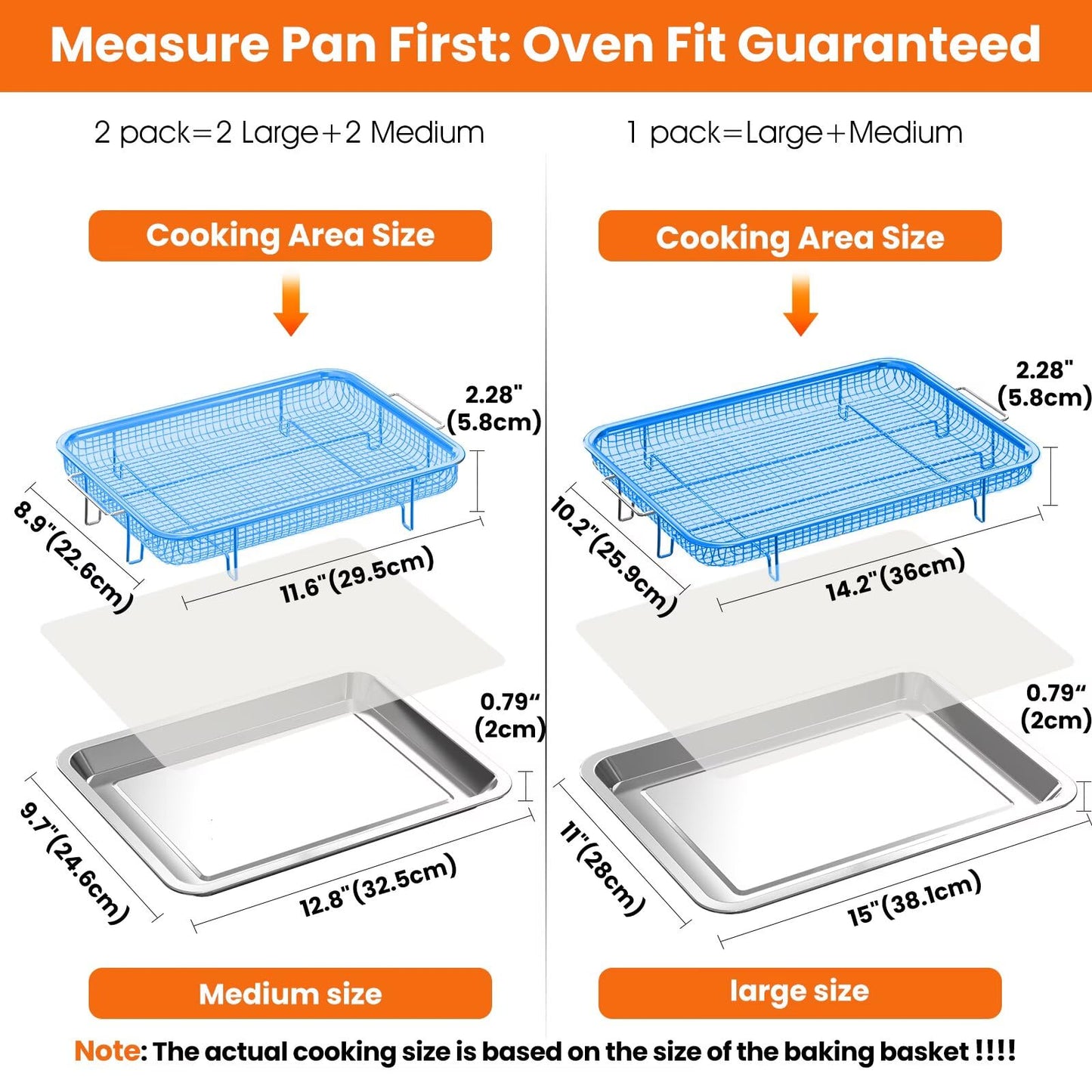 Xumilas 304 Stainless Steel Air Fryer Basket for Oven - 2 Pack Crisper Tray & Mesh Rack Set (15"x11" & 12.8"x9.7") with 60 Parchment Papers, Air Fry Pan for Bacon Fries Vegetables - Family Size